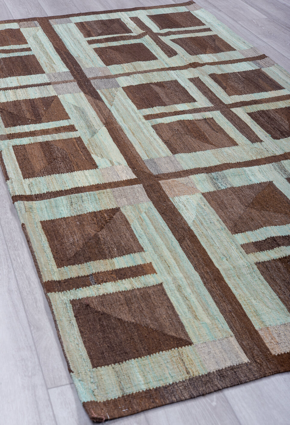 4' x 9' one-of-a-kind handmade vintage Kilim runner rug. Color palette: brown, dark gray, gainsboro, gray, light blue