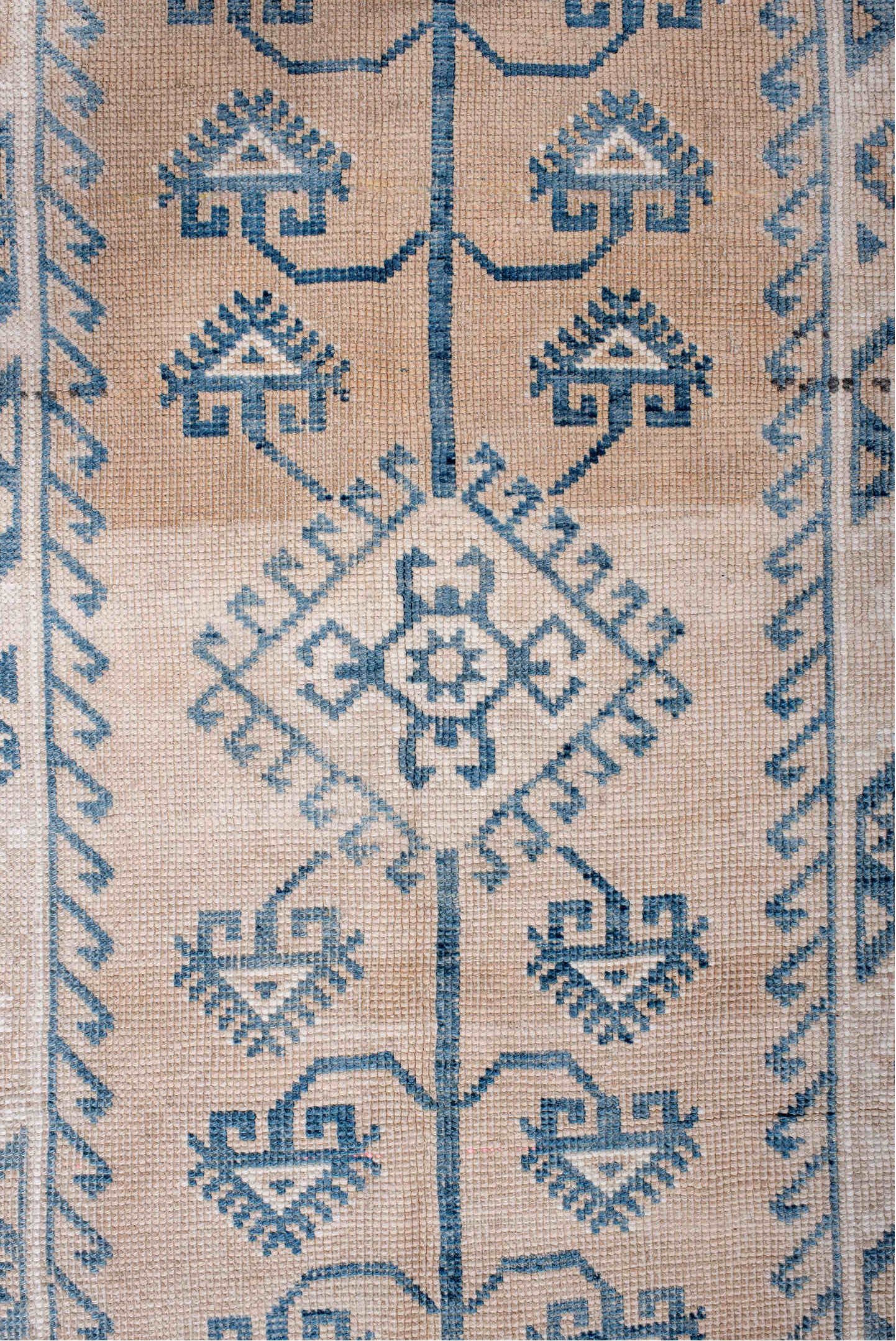 4' x 6' one-of-a-kind handmade vintage Anatol small size rug. Color palette: blue, brown, dark gray, gainsboro, gray