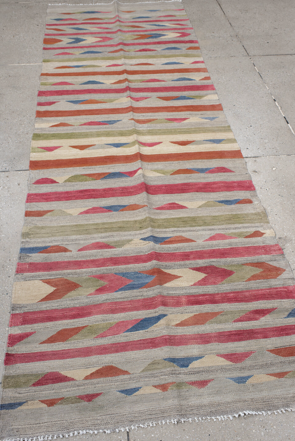 3' x 7' one-of-a-kind handmade vintage Kilim runner rug. Color palette: blue, brown, fiord, gray, light gray, off-white