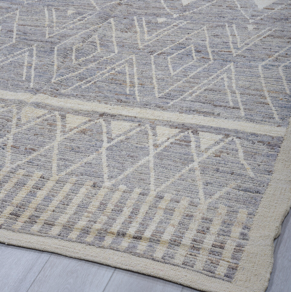 9' x 11' one-of-a-kind handmade vintage Tulu large size rug. Color palette: black, dark gray, dim gray, gray, light blue