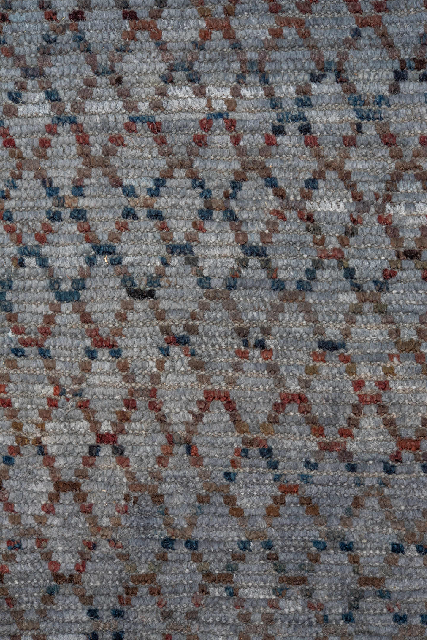 8' x 9' one-of-a-kind handmade vintage Tulu rug. Color palette: black, blue, brown, charcoal, dark gray, dim gray, gray