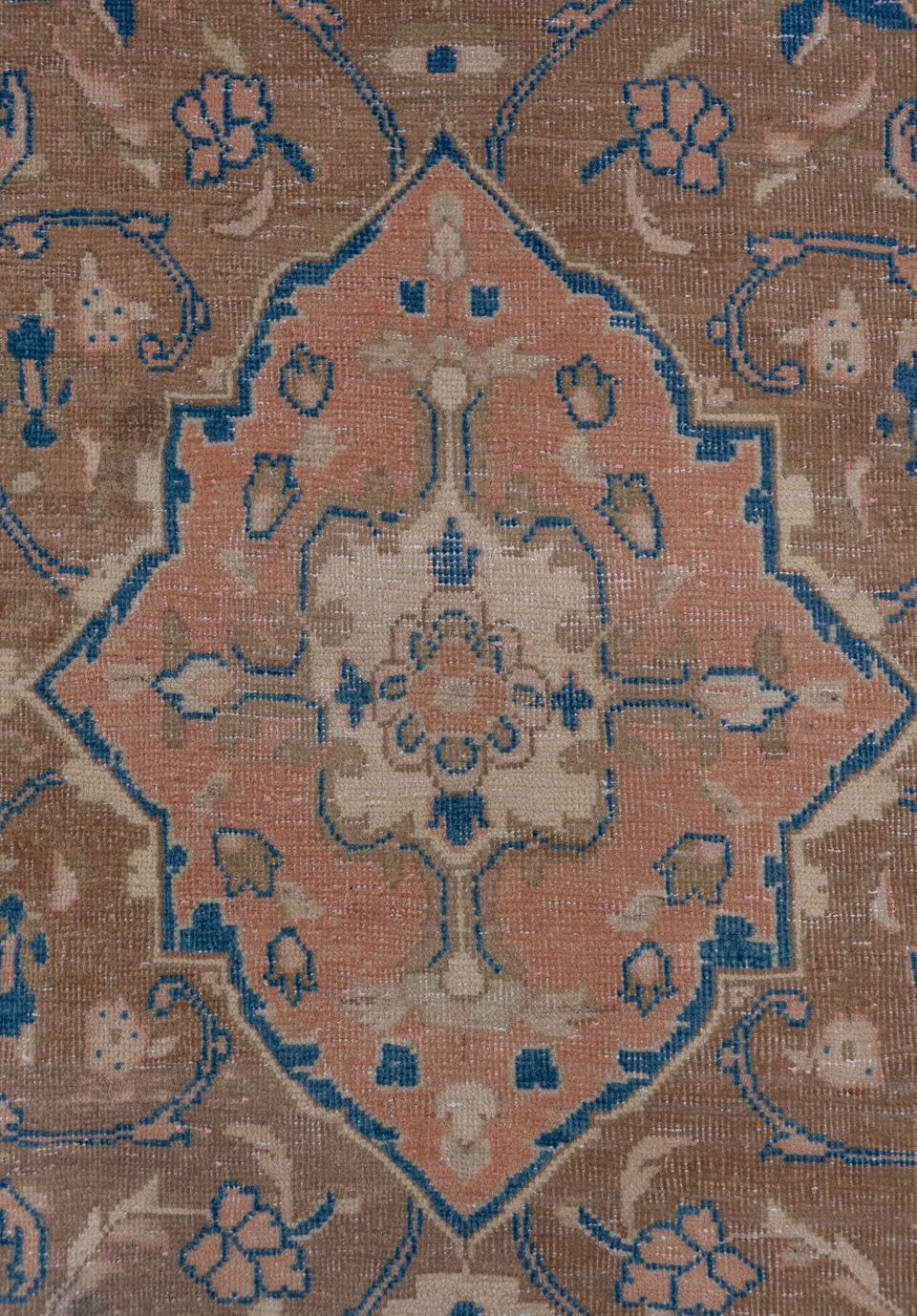 3' x 10' one-of-a-kind handmade vintage Oushak runner rug. Color palette: blue, brown, gray, light gray, pink