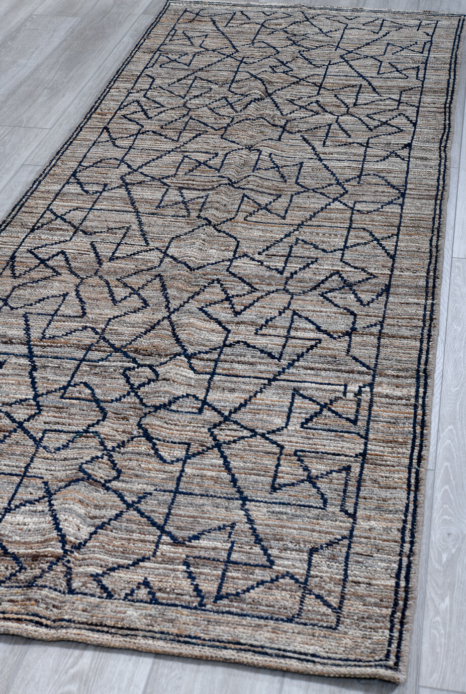 3' x 9' one-of-a-kind handmade vintage Tulu runner rug. Color palette: black, blue, brown, charcoal, dim gray, gainsboro