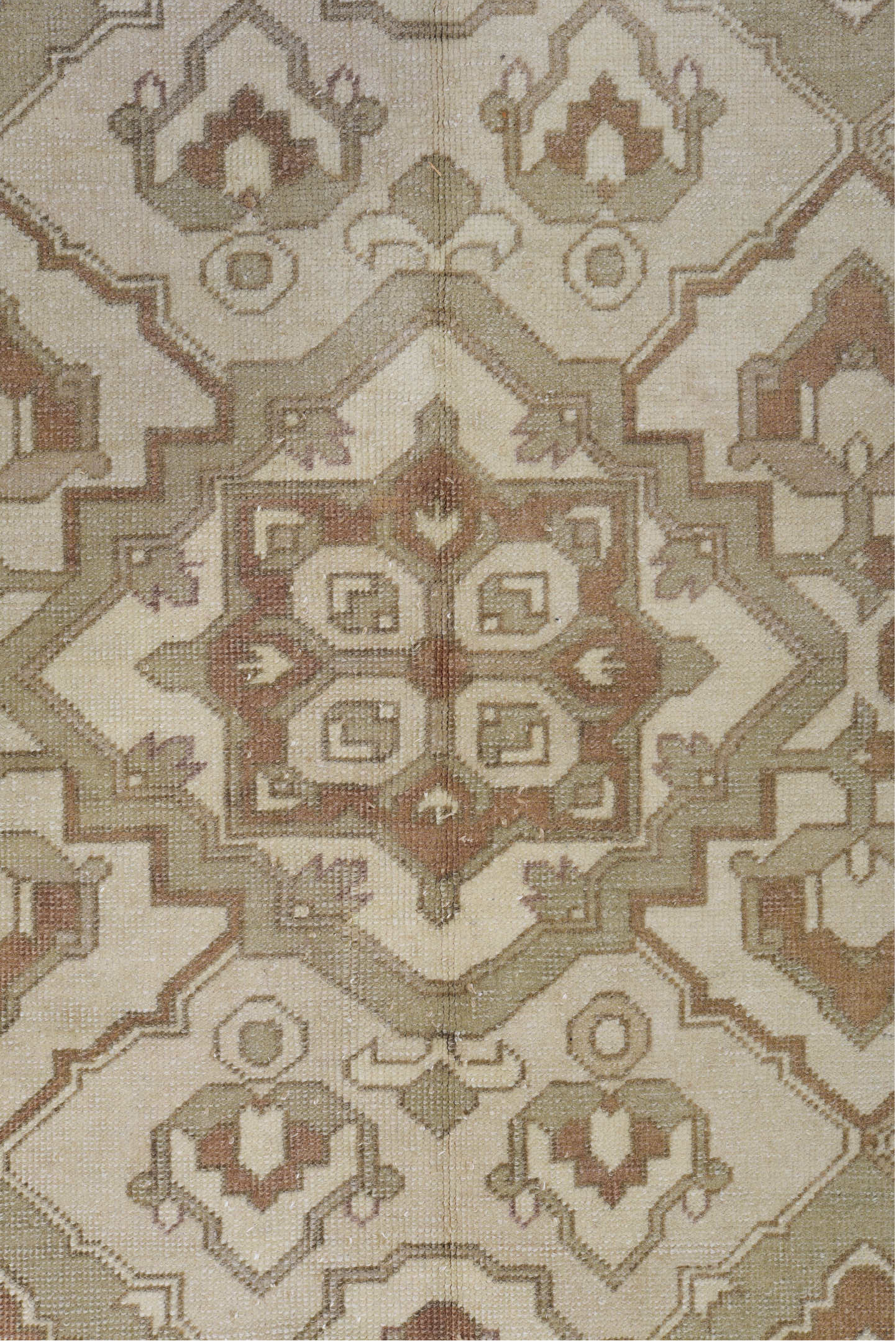 8' x 12' one-of-a-kind handmade vintage Derband large size rug. Color palette: light gray, gray, off-white, brown