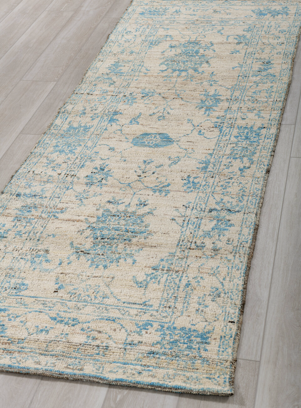 3' x 8' one-of-a-kind handmade vintage Tulu runner rug. Color palette: blue, dark gray, dim gray, gray, light blue