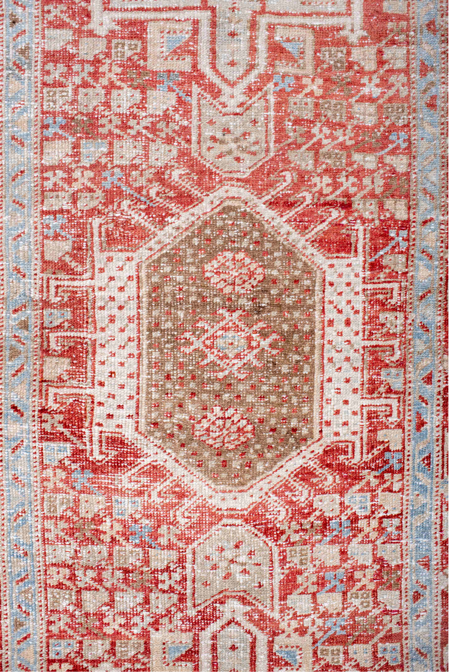 2' x 10' one-of-a-kind handmade vintage Karaje runner rug. Color palette: antiquewhite, brown, fire brick, gray
