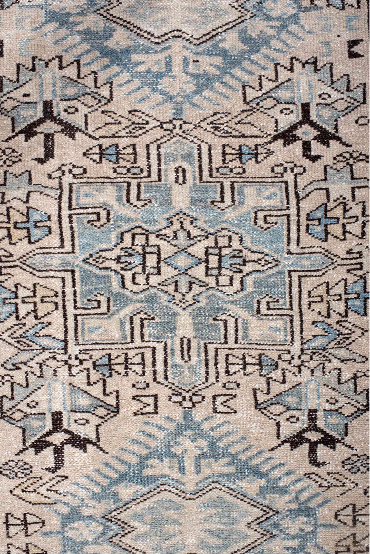 3' x 11' one-of-a-kind handmade vintage Karaje runner rug. Color palette: antiquewhite, black, brown, dark gray, dim gray