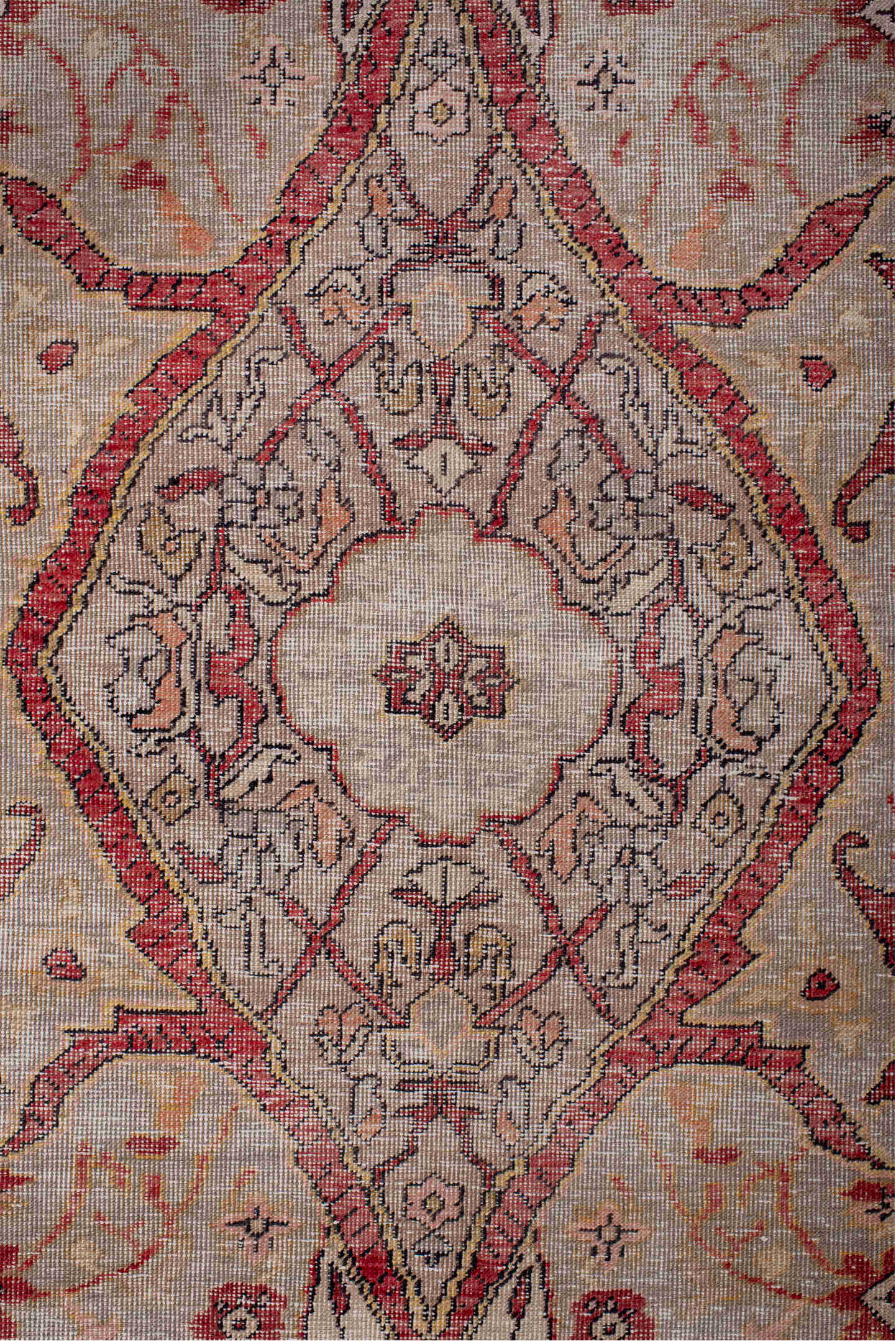 4' x 7' one-of-a-kind handmade vintage Oushak rug. Color palette: black, brown, gray, light gray, pink, red, redwood, wine