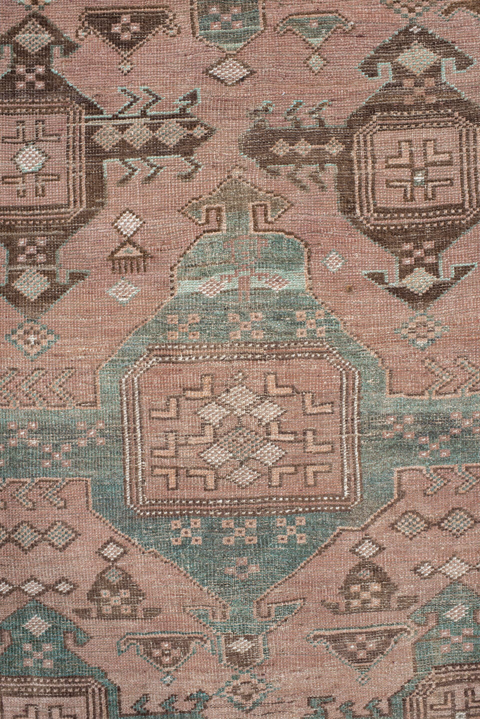 6' x 10' one-of-a-kind handmade vintage Belouch large size rug. Color palette: gray, light gray, brown, off-white, pink