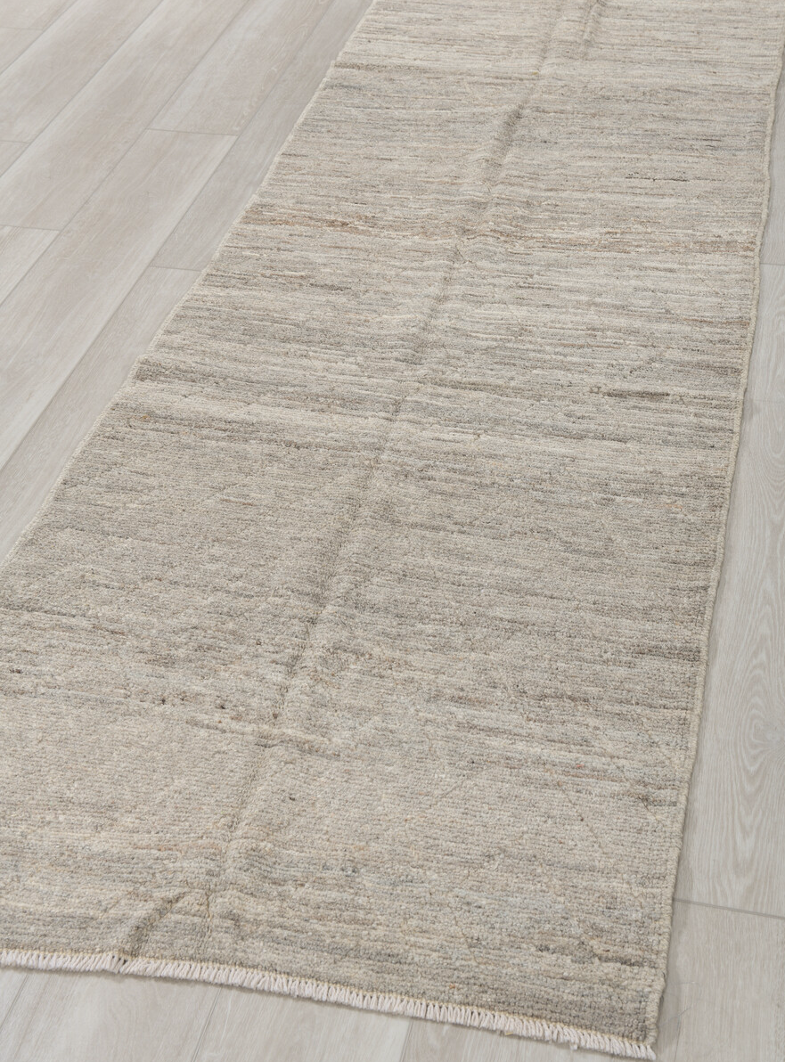 2' x 9' one-of-a-kind handmade vintage Tulu runner rug. Color palette: gray, light gray, off-white, pink, silver