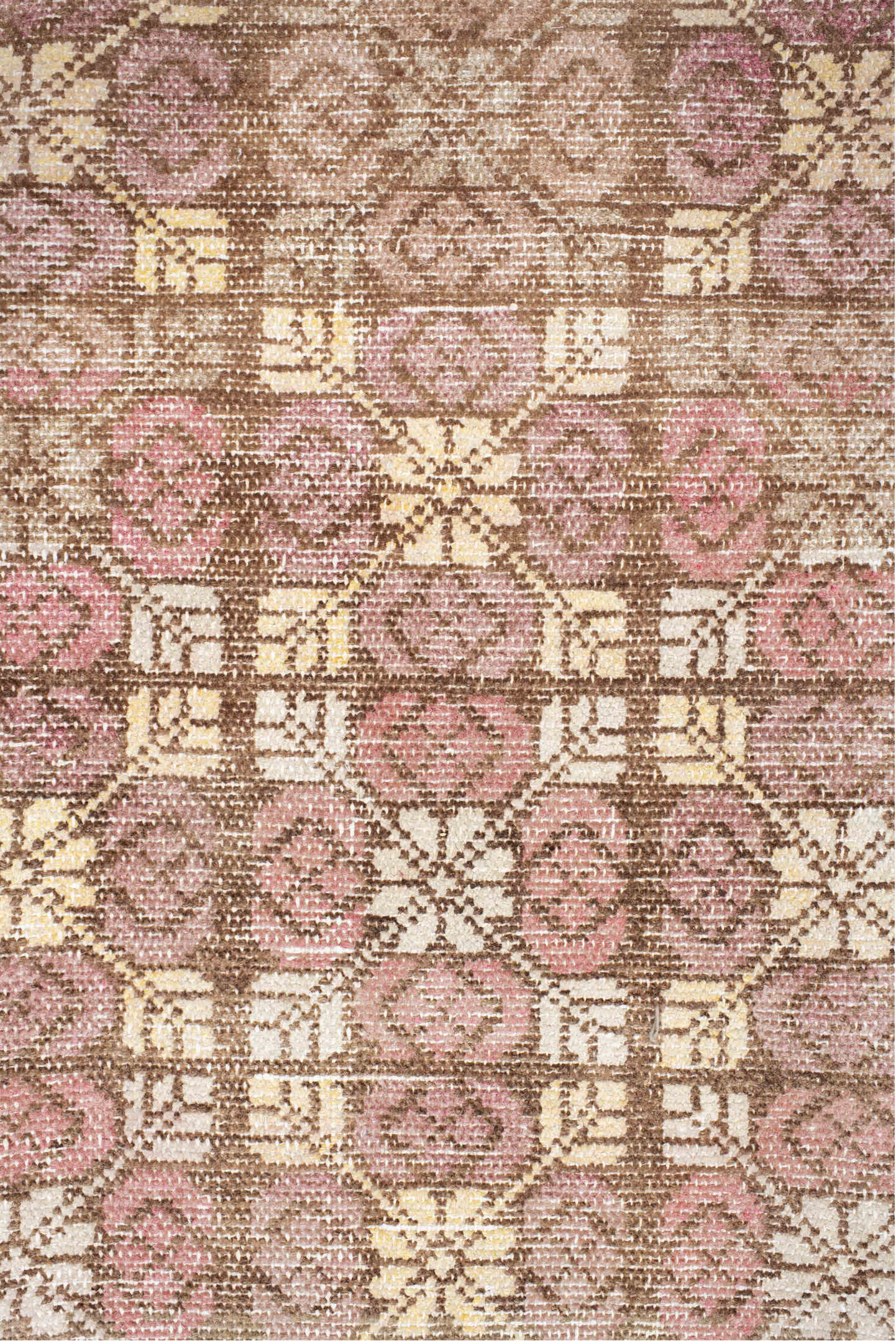 6' x 11' one-of-a-kind handmade vintage European large size rug. Color palette: brown, red, off-white, pink, gray, orange