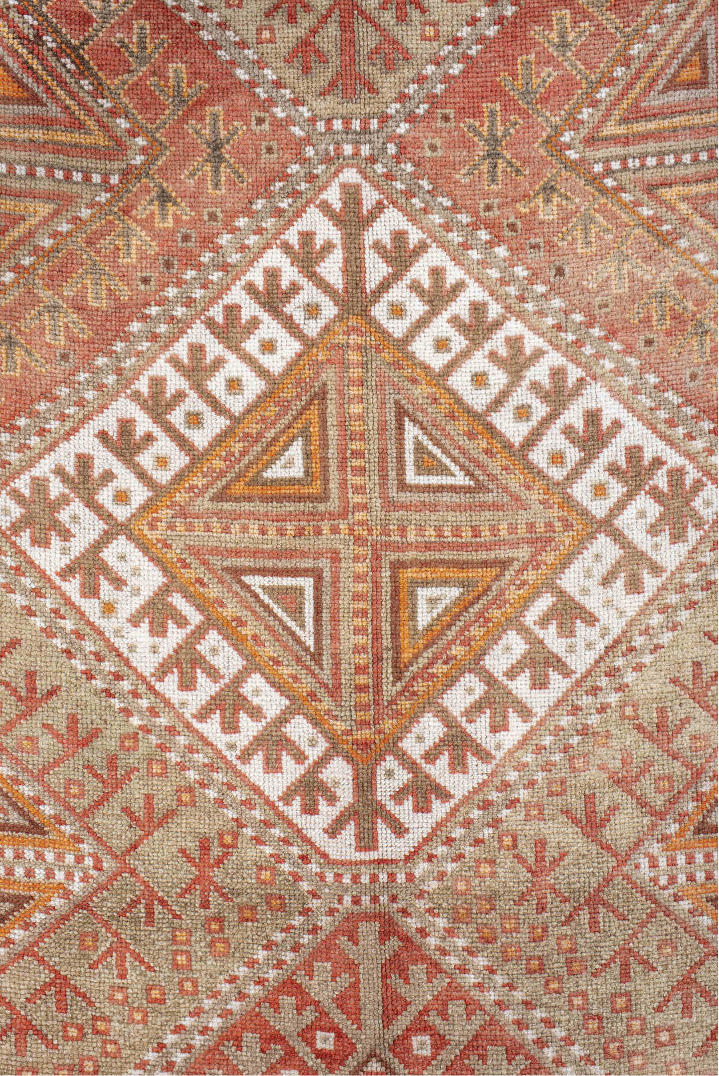 4' x 12' one-of-a-kind handmade vintage Anatol runner rug. Color palette: brown, gray, light gray, off-white, orange, pink