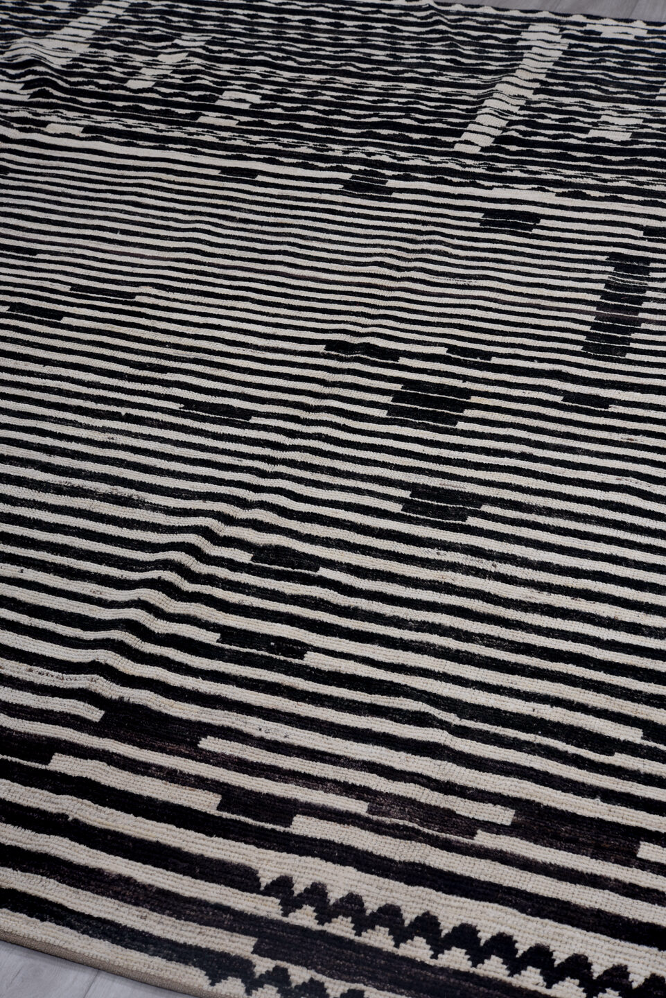 8' x 9' one-of-a-kind handmade vintage Tulu rug. Color palette: black, blue, charcoal, dark gray, floral white, gainsboro