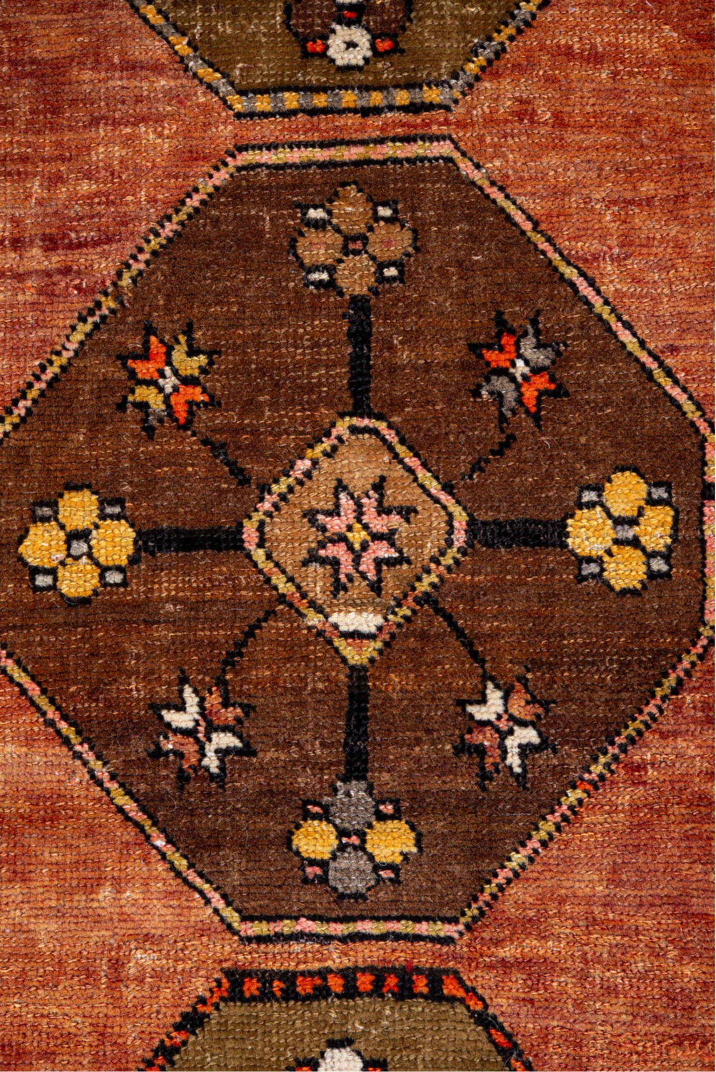 2' x 10' one-of-a-kind handmade vintage Kars runner rug. Color palette: black, brown, gray, off-white, orange, pink, red