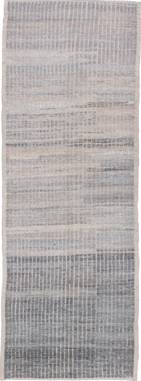3' x 8' one-of-a-kind handmade vintage Tulu runner rug. Color palette: blue, dark gray, dim gray, gainsboro, gray
