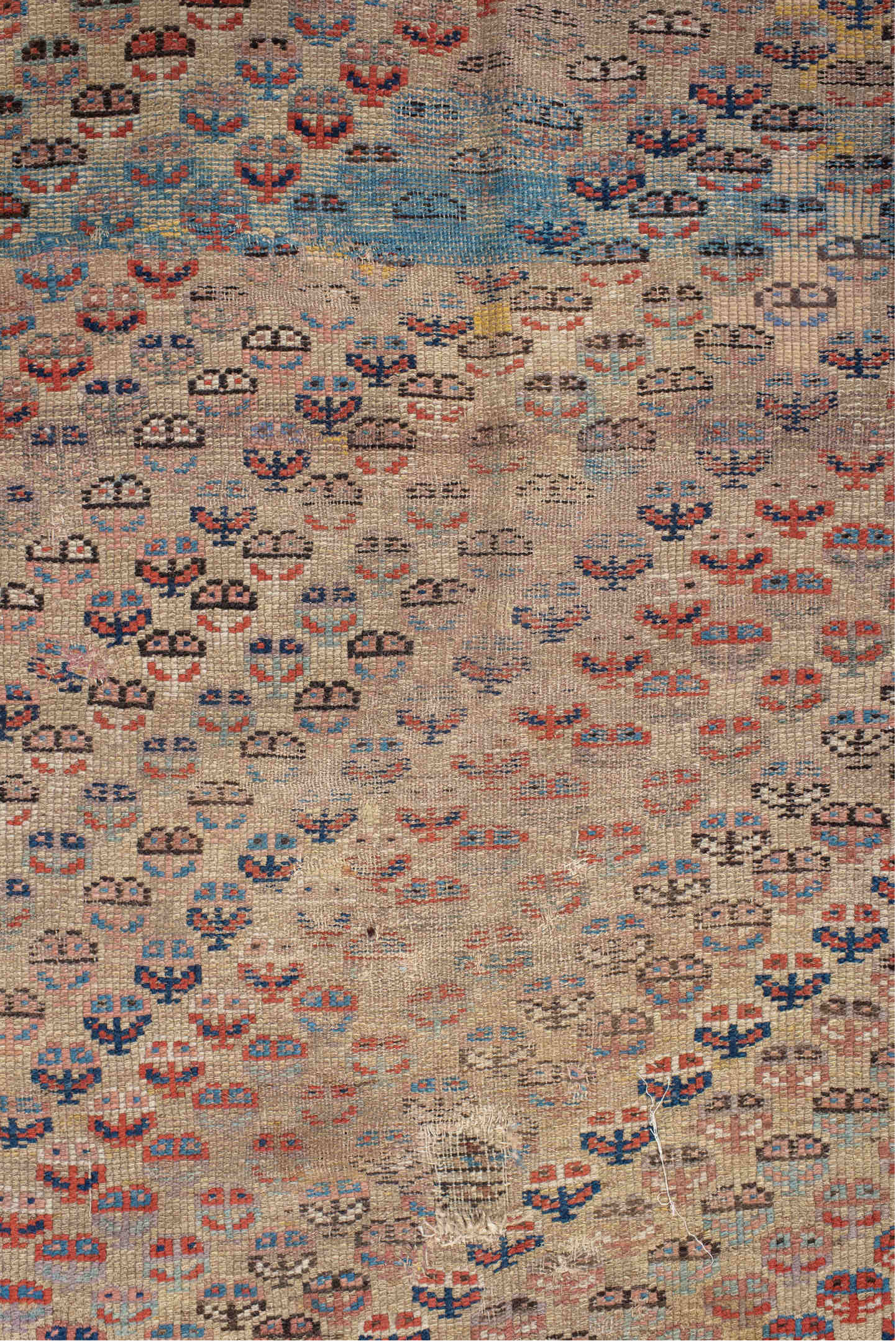 4' x 6' one-of-a-kind handmade vintage Kurd small size rug. Color palette: brown, red, off-white, gray, blue, black, pink