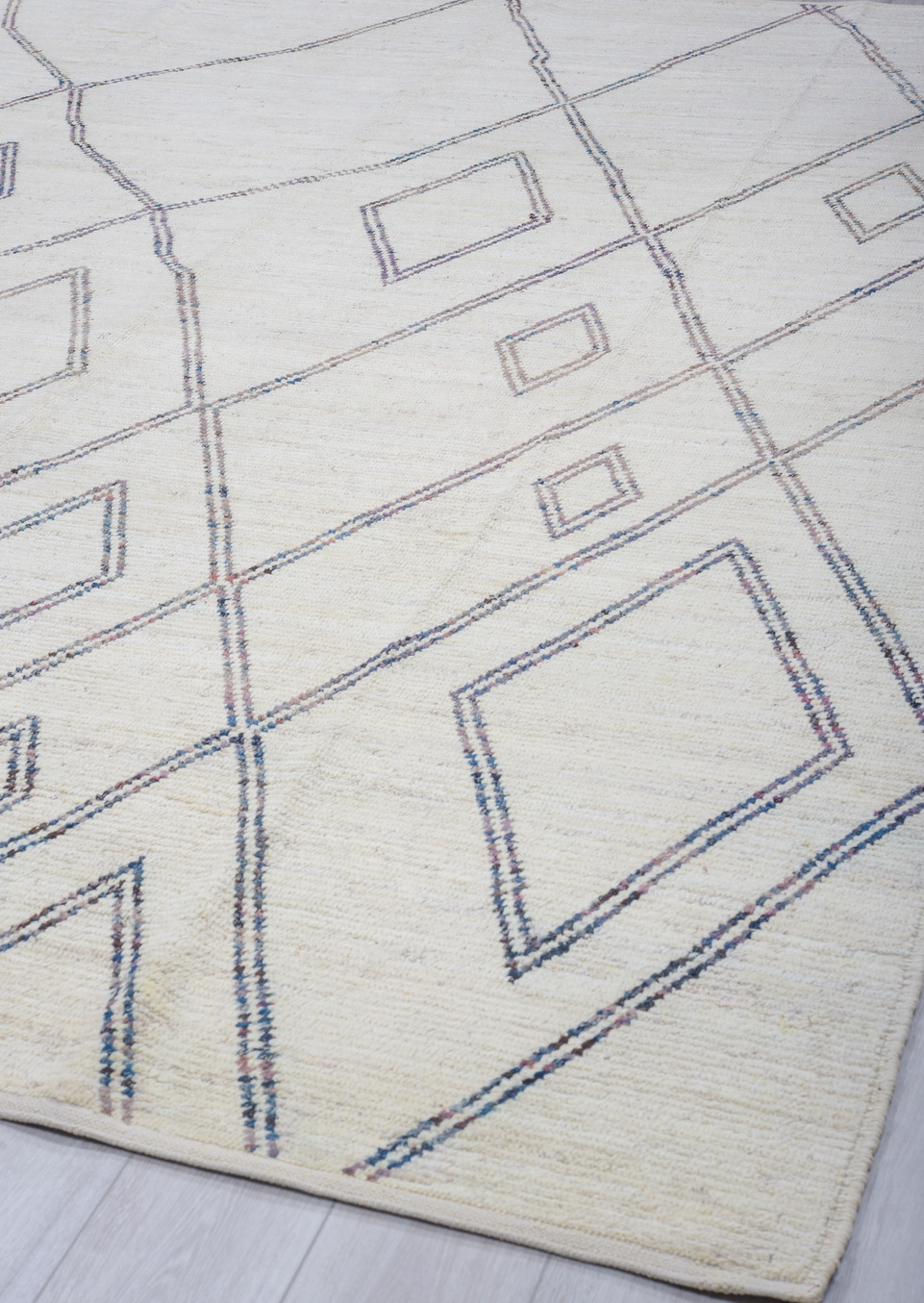 11' x 9' one-of-a-kind handmade vintage Tulu rug. Color palette: black, blue, dark gray, gainsboro, gray, light gray