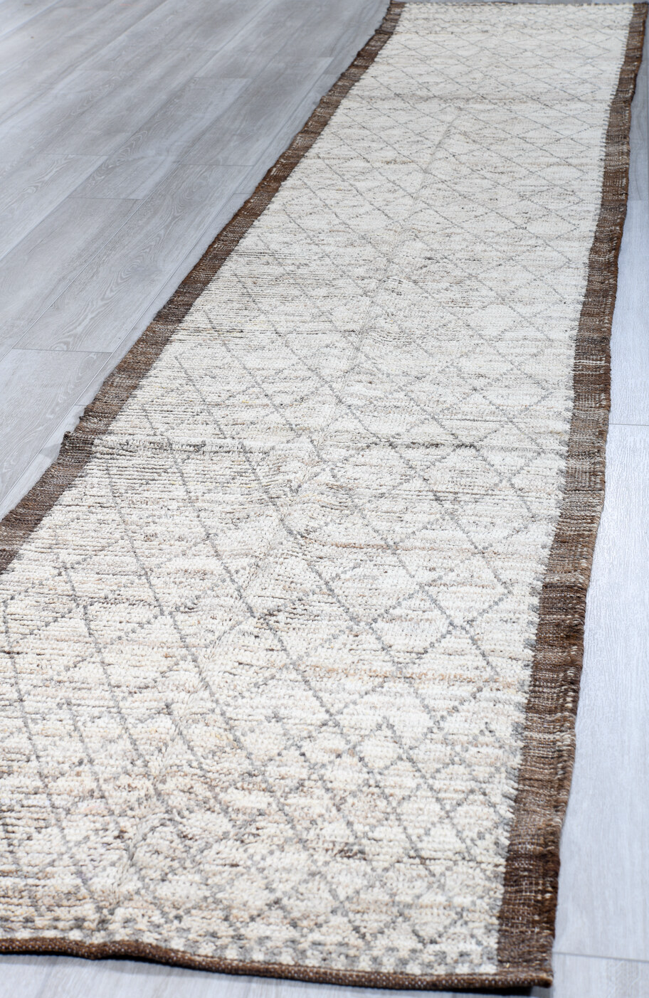 2' x 16' one-of-a-kind handmade vintage Tulu runner rug. Color palette: black, blue, brown, dark gray, gray, light blue