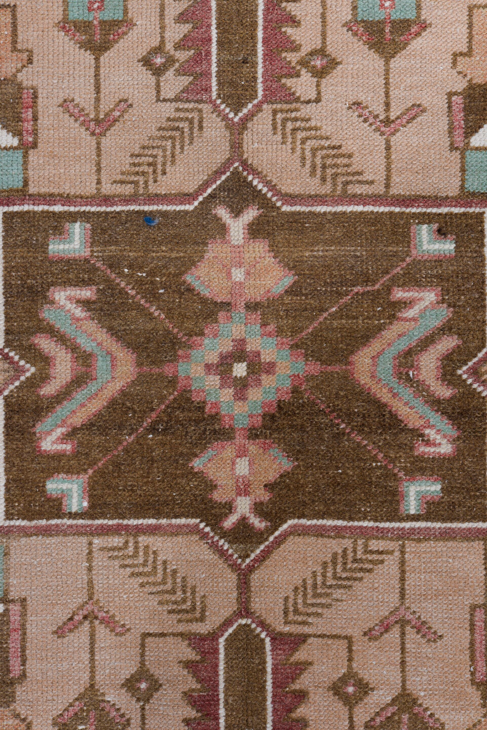 3' x 8' one-of-a-kind handmade vintage Oushak runner rug. Color palette: brown, gray, indian red, light gray, off-white