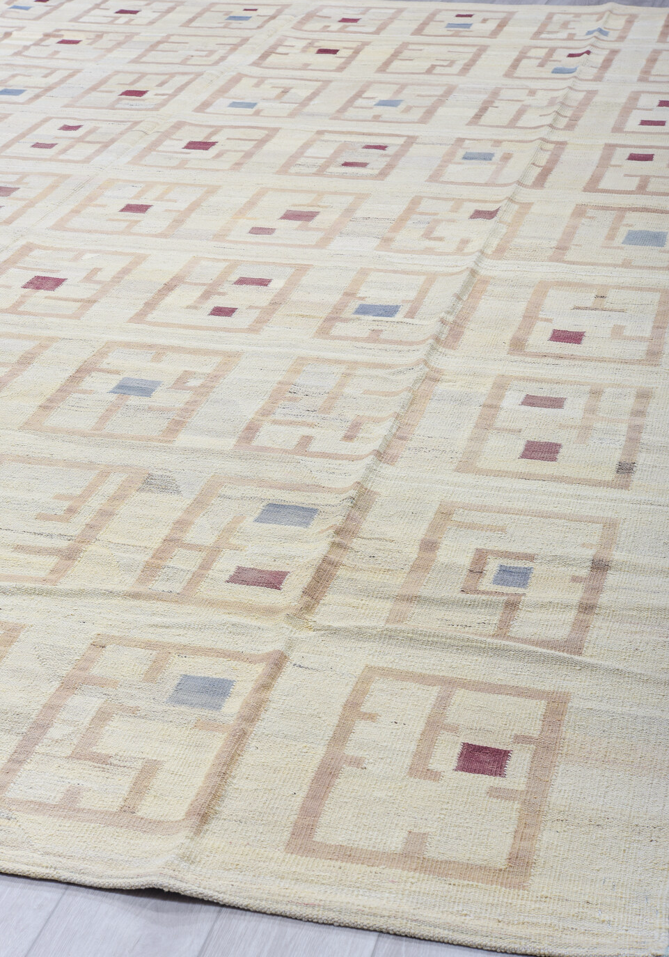 12' x 14' one-of-a-kind handmade vintage Kilim oversize rug. Color palette: black, dark gray, dim gray, gainsboro, gray