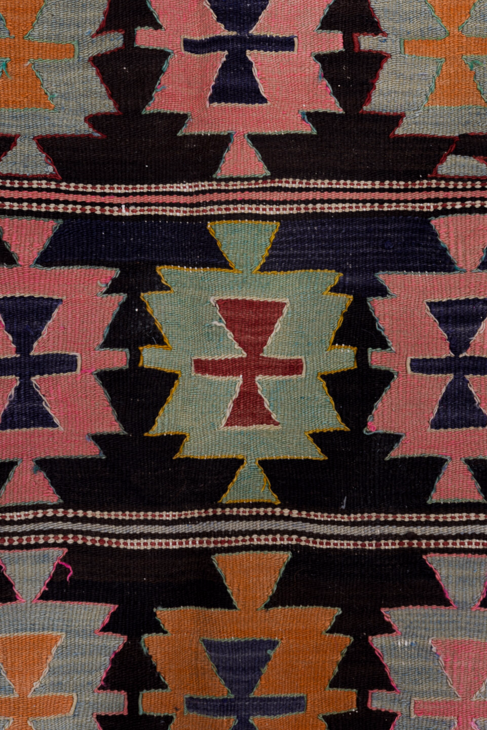 5' x 9' one-of-a-kind handmade vintage Kilim medium size rug. Color palette: gray, light gray, red, pink, brown, black, blue