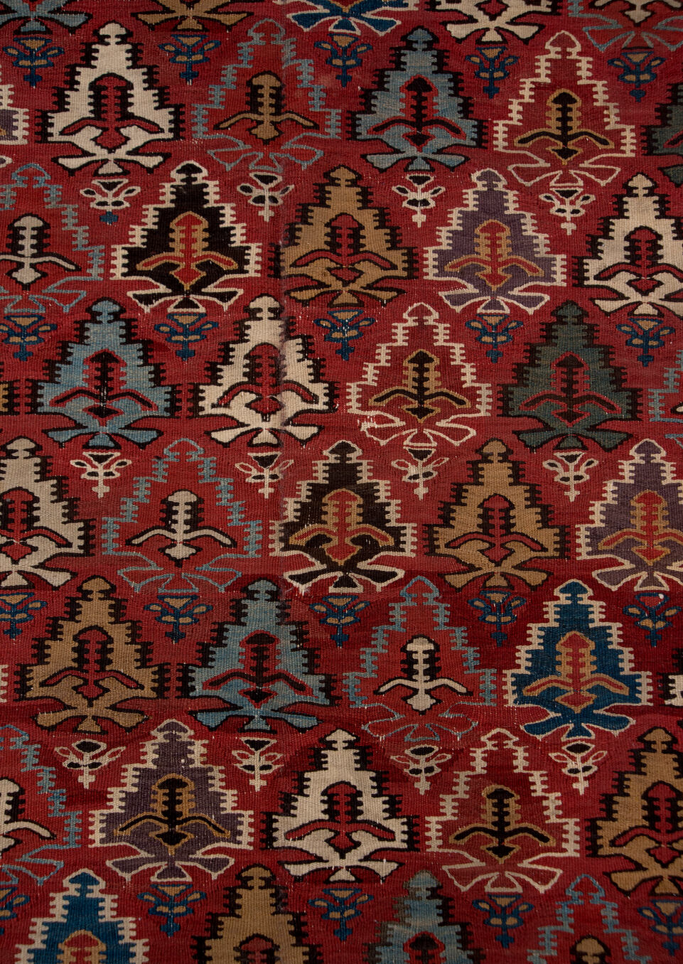 5' x 13' one-of-a-kind handmade vintage Kilim rug. Color palette: blue, brown, gray, pink, red