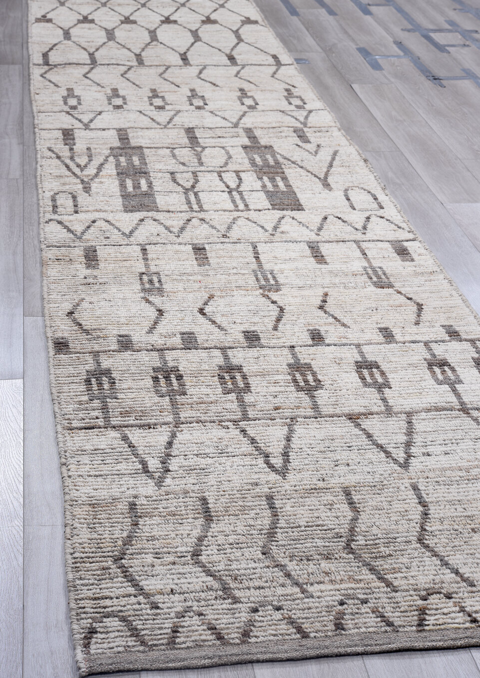 3' x 16' one-of-a-kind handmade vintage Tulu runner rug. Color palette: black, dark gray, dim gray, gainsboro, gray