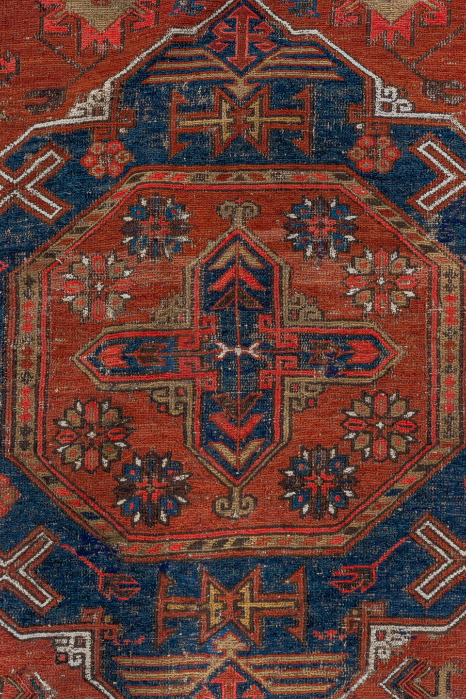 6' x 9' one-of-a-kind handmade vintage Sumak medium size rug. Color palette: blue, brown, dark gray, gray, indian red, pink