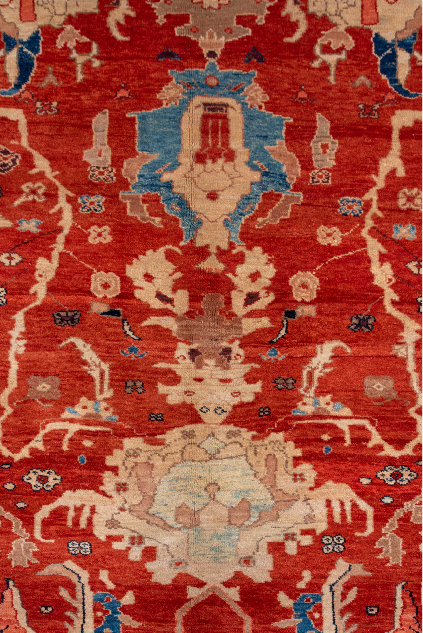 9' x 13' one-of-a-kind handmade vintage Sultanabad large size rug. Color palette: blue, brown, gray, light gray, off-white