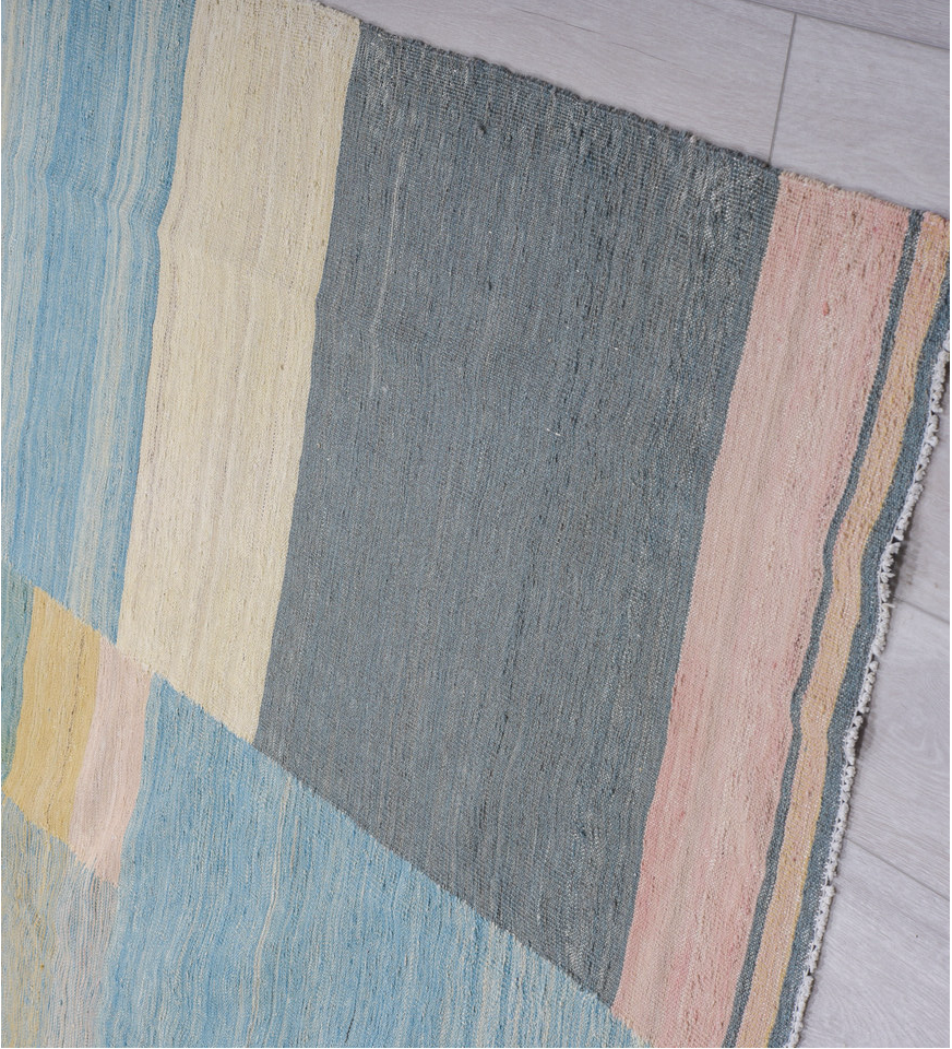 8' x 11' one-of-a-kind handmade vintage Kilim large size rug. Color palette: blue, brown, dark gray, gray, light blue