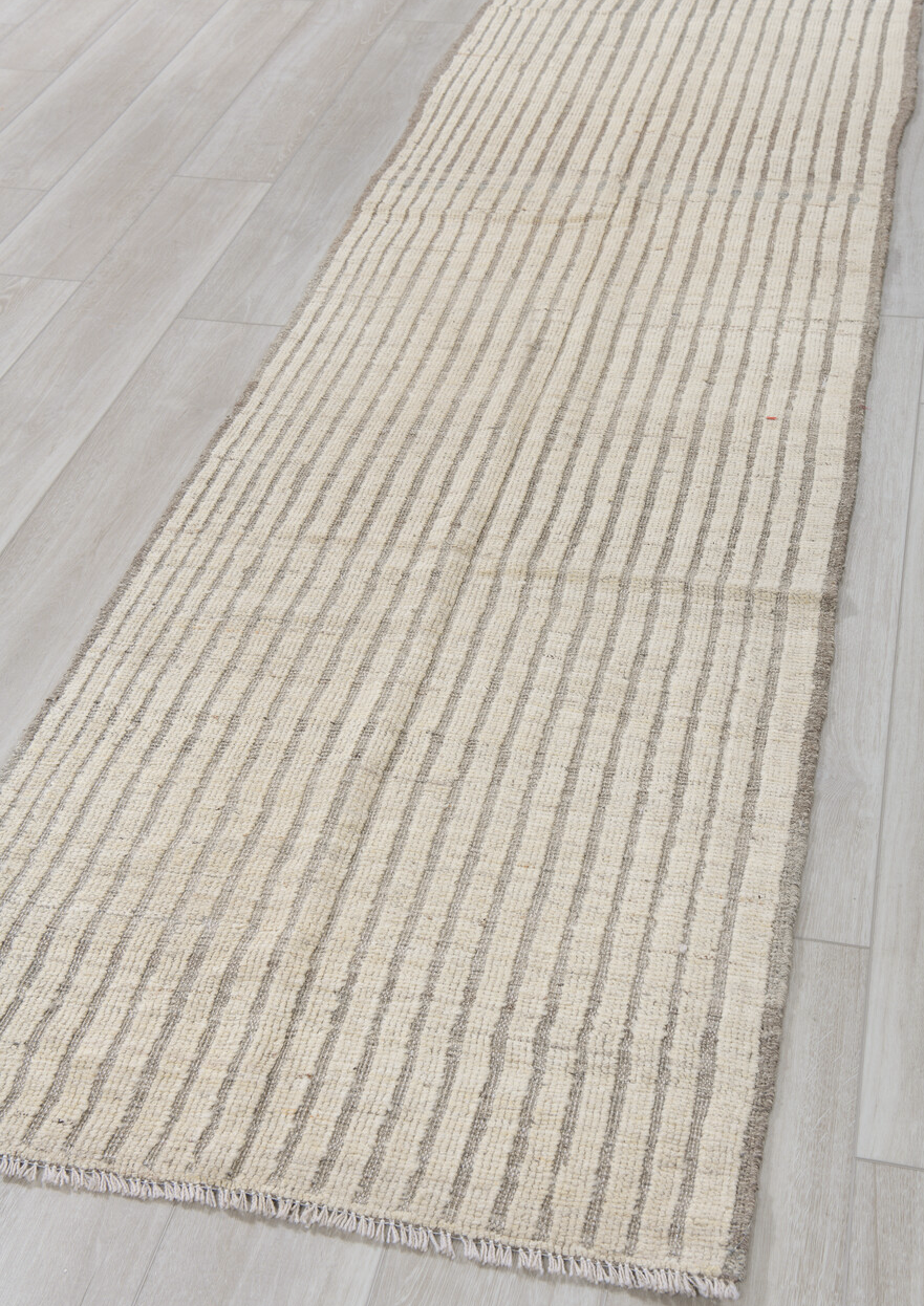 2' x 9' one-of-a-kind handmade vintage Tulu runner rug. Color palette: brown, dark gray, dim gray, gray, light gray