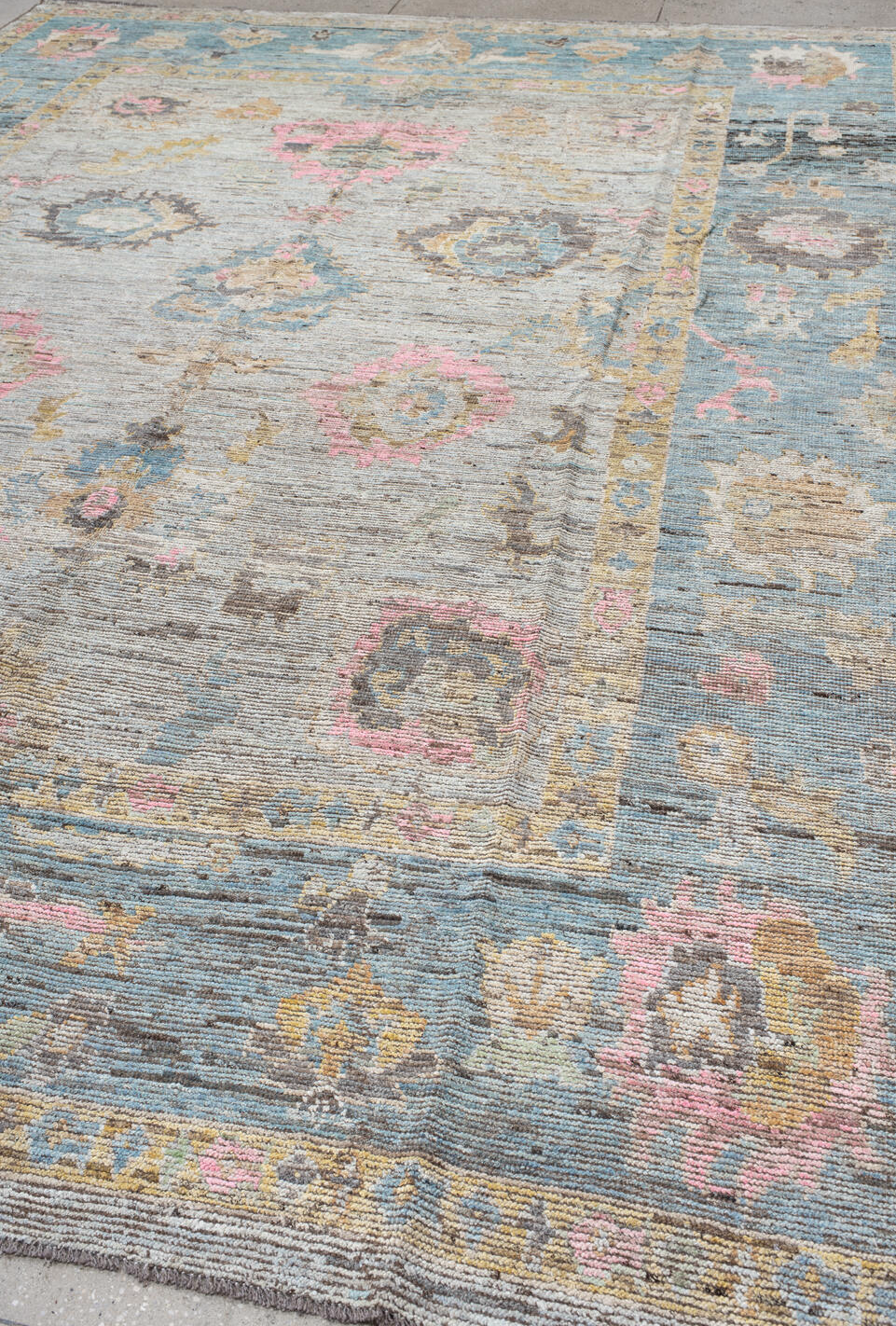 10' x 13' one-of-a-kind handmade vintage Oushak large size rug. Color palette: gray, light gray, off-white, brown, pink