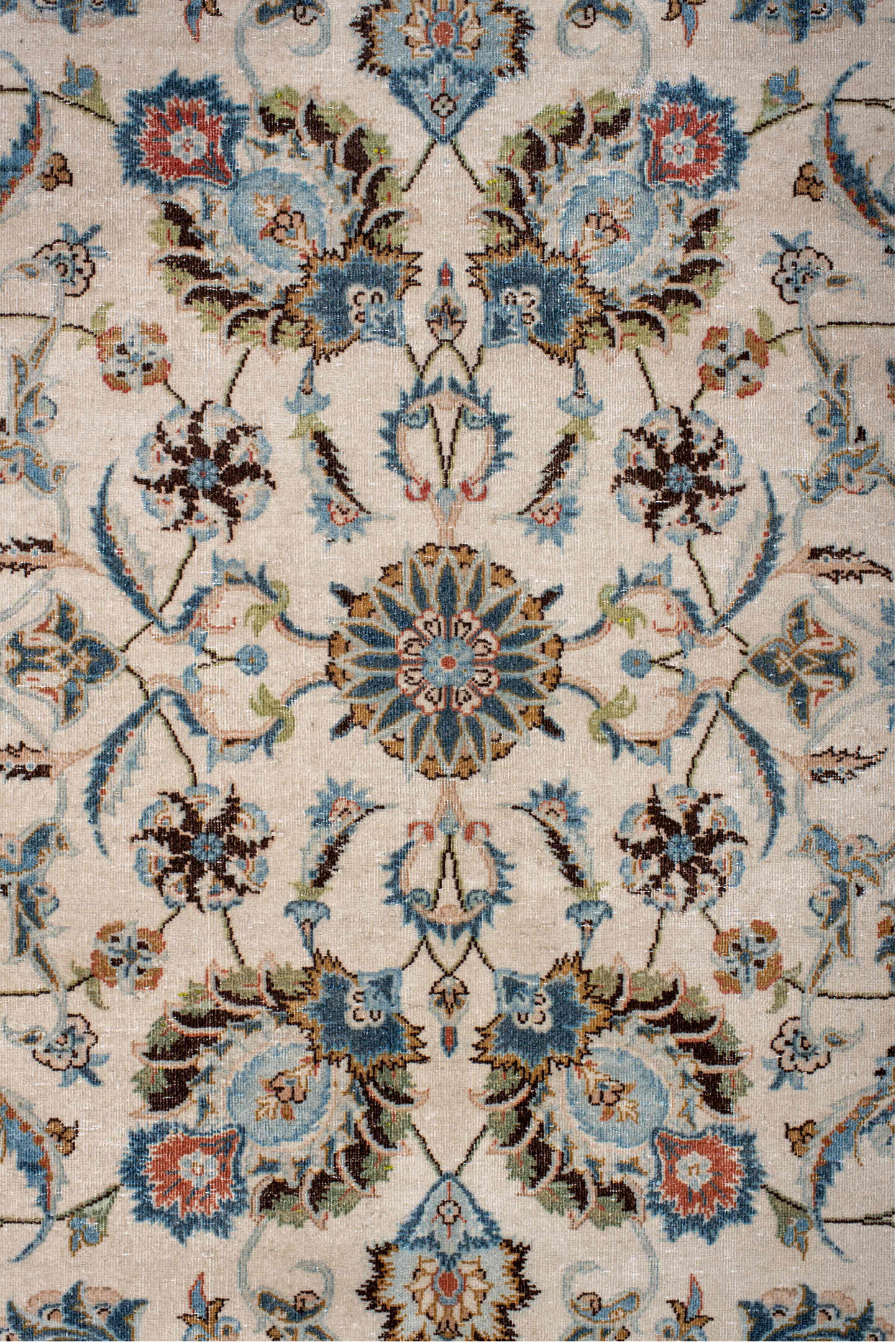 8' x 11' one-of-a-kind handmade vintage Kashan large size rug. Color palette: black, brown, gray, pink, off-white, blue