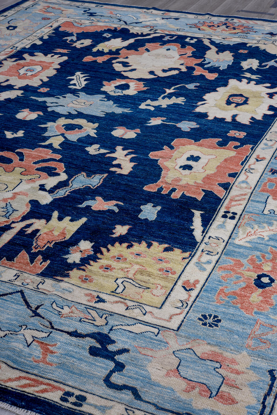 9' x 11' one-of-a-kind handmade vintage Oushak large size rug. Color palette: black, blue, brown, gainsboro, gray