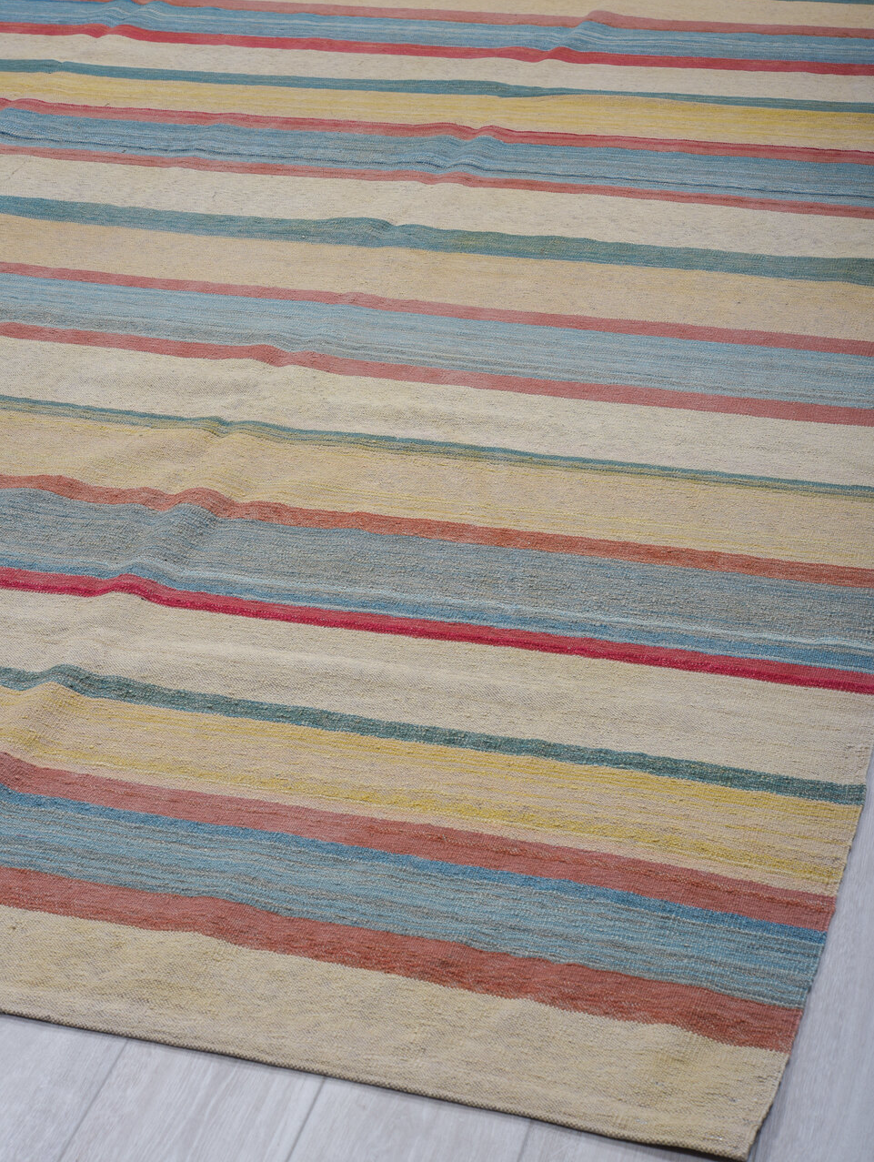 9' x 12' one-of-a-kind handmade vintage Kilim large size rug. Color palette: blue, brown, dark gray, dim gray, gray