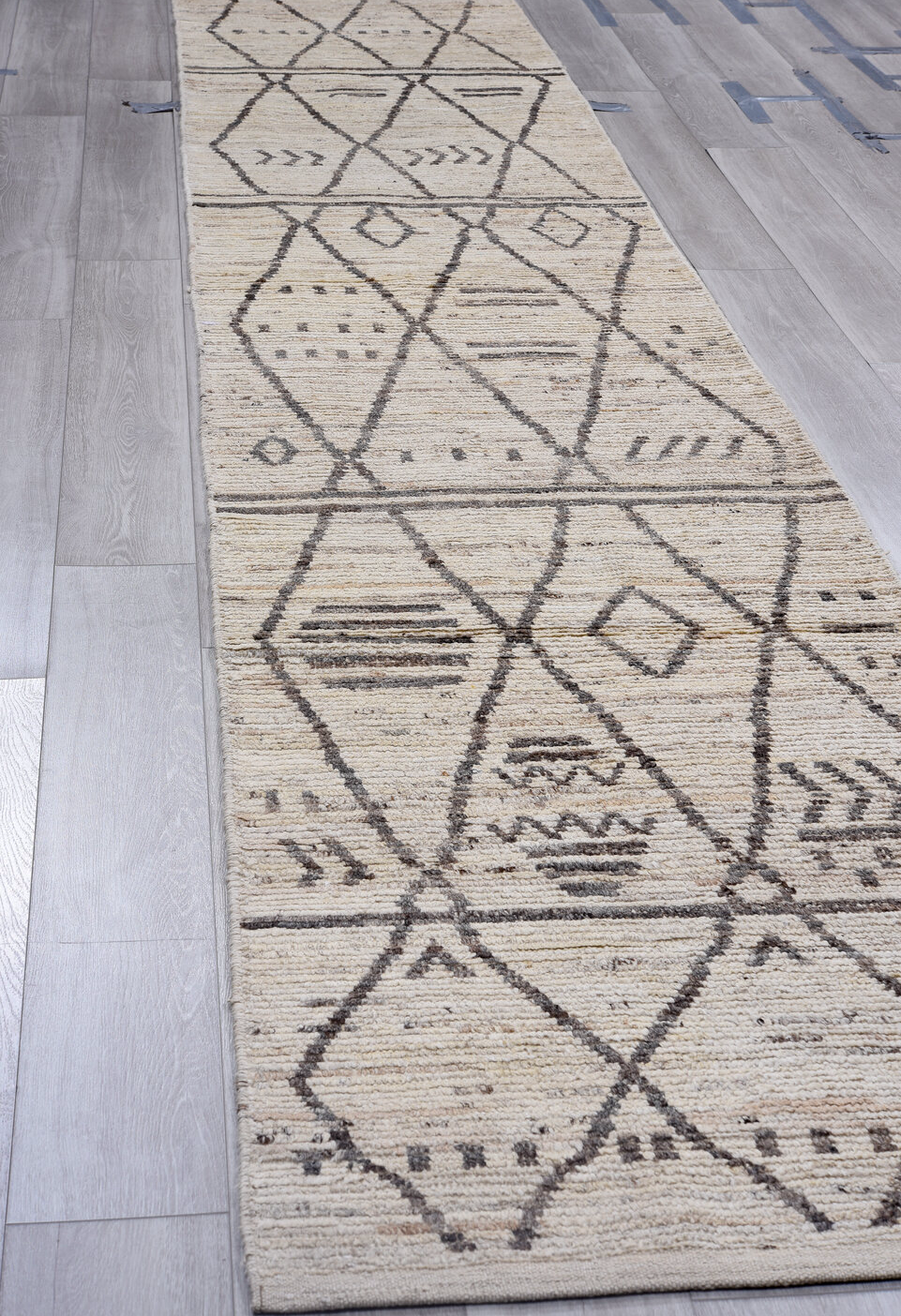 2' x 16' one-of-a-kind handmade vintage Tulu runner rug. Color palette: black, charcoal, dim gray, gainsboro, gray