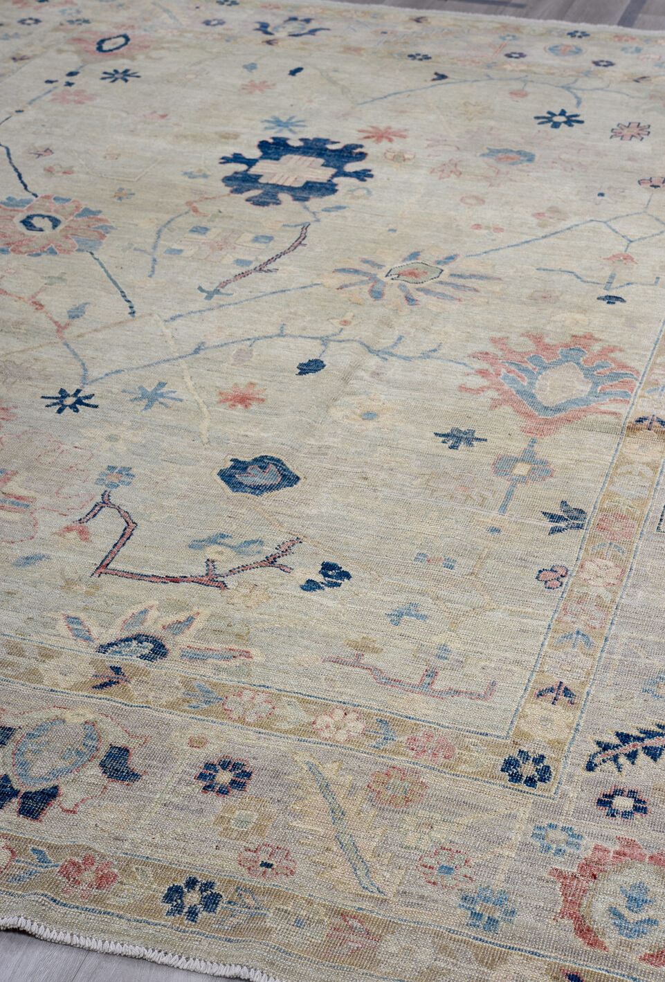 9' x 12' one-of-a-kind handmade vintage Oushak large size rug. Color palette: arapawa, black, blue, brown, dark gray