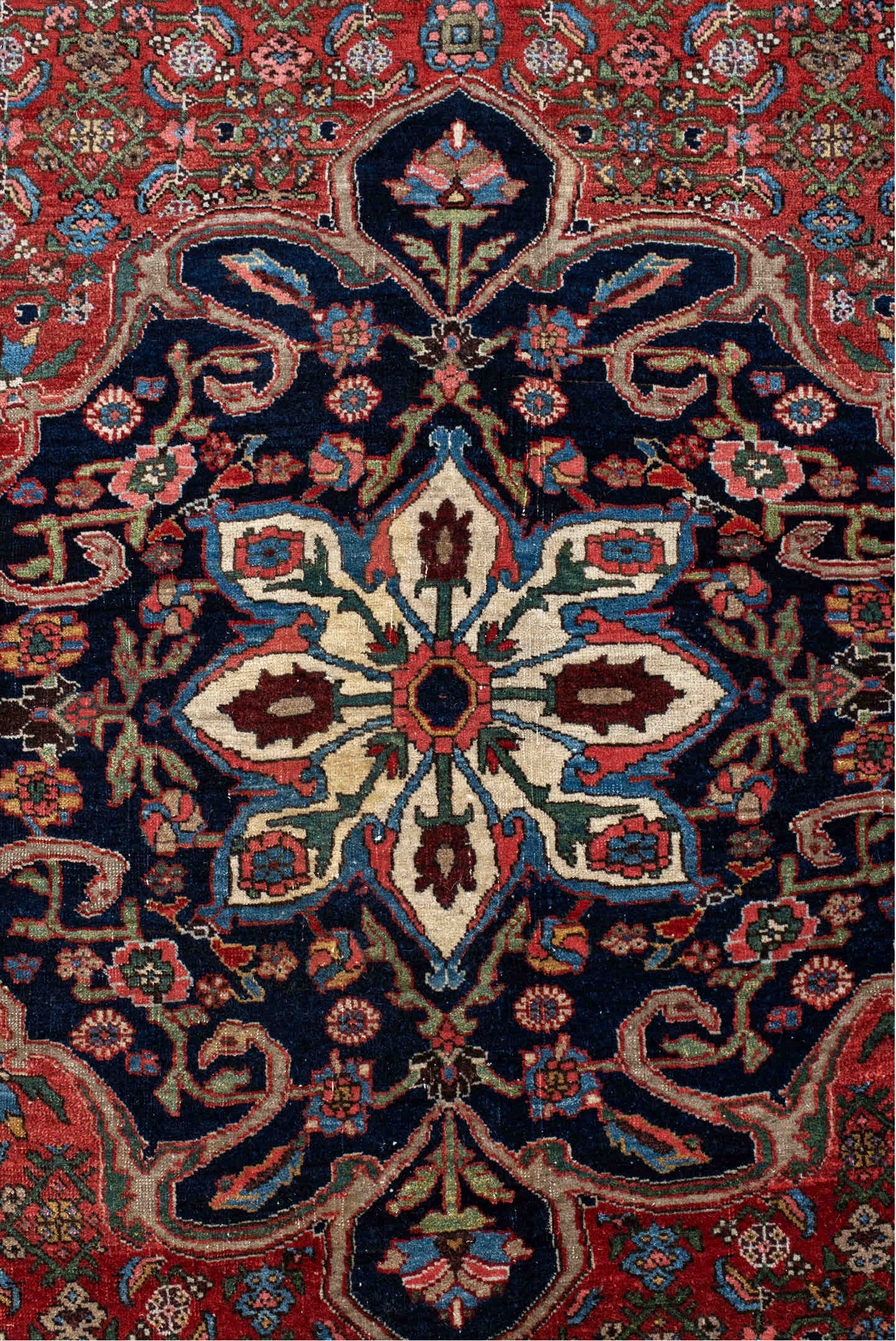 4' x 6' one-of-a-kind handmade vintage Bidjar small size rug. Color palette: blue, brown, gray, indian red, light gray