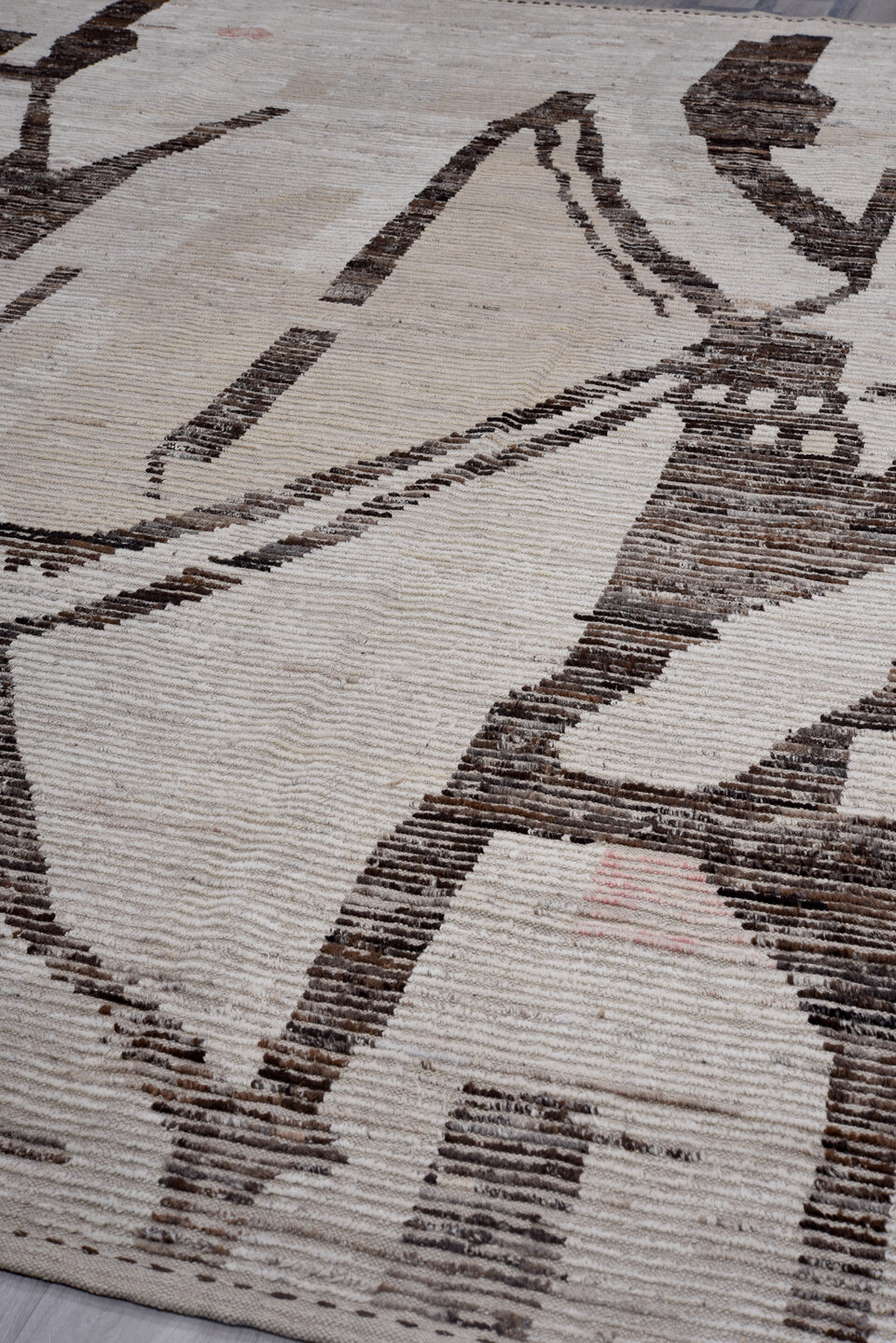 10' x 13' one-of-a-kind handmade vintage Tulu large size rug. Color palette: black, brown, charcoal, dim gray, gainsboro