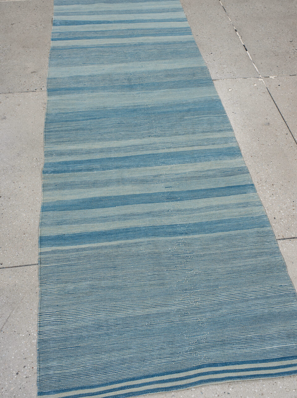 2' x 9' one-of-a-kind handmade vintage Kilim runner rug. Color palette: gray, blue, light gray, light blue, slate gray