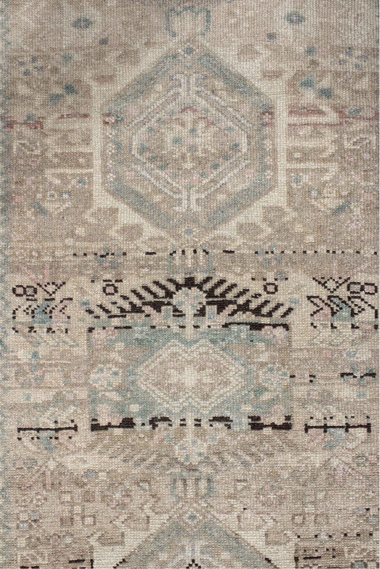 3' x 12' one-of-a-kind handmade vintage Karaje runner rug. Color palette: black, dim gray, gray, light gray, off-white, pink