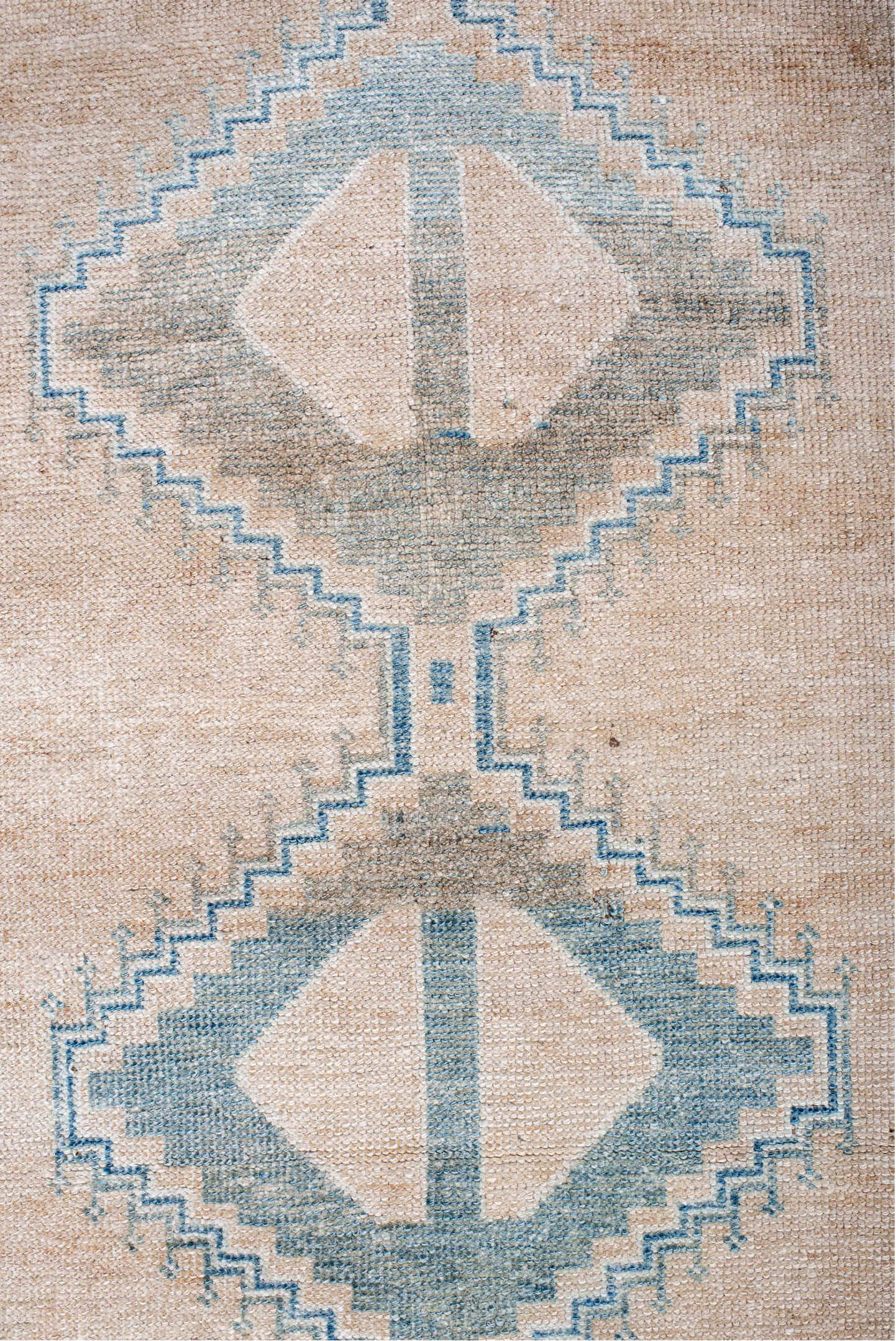 4' x 7' one-of-a-kind handmade vintage Gabbe rug. Color palette: blue, brown, dark gray, gray, light blue, light gray