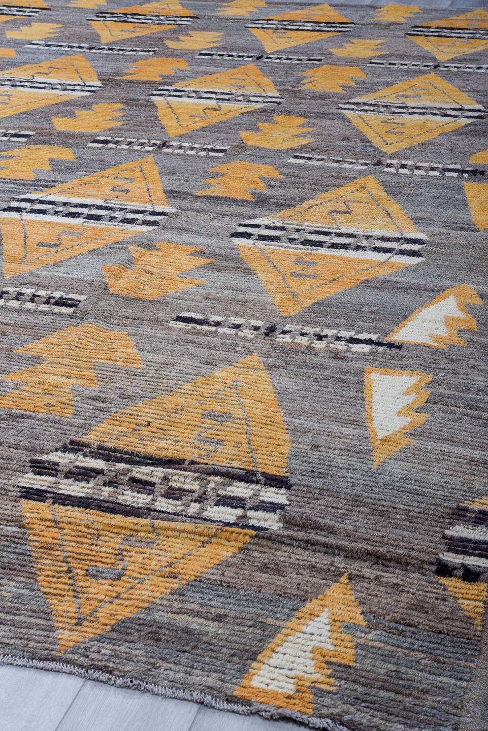 11' x 14' one-of-a-kind handmade vintage Tulu oversize rug. Color palette: black, blue, brown, burlywood, charcoal