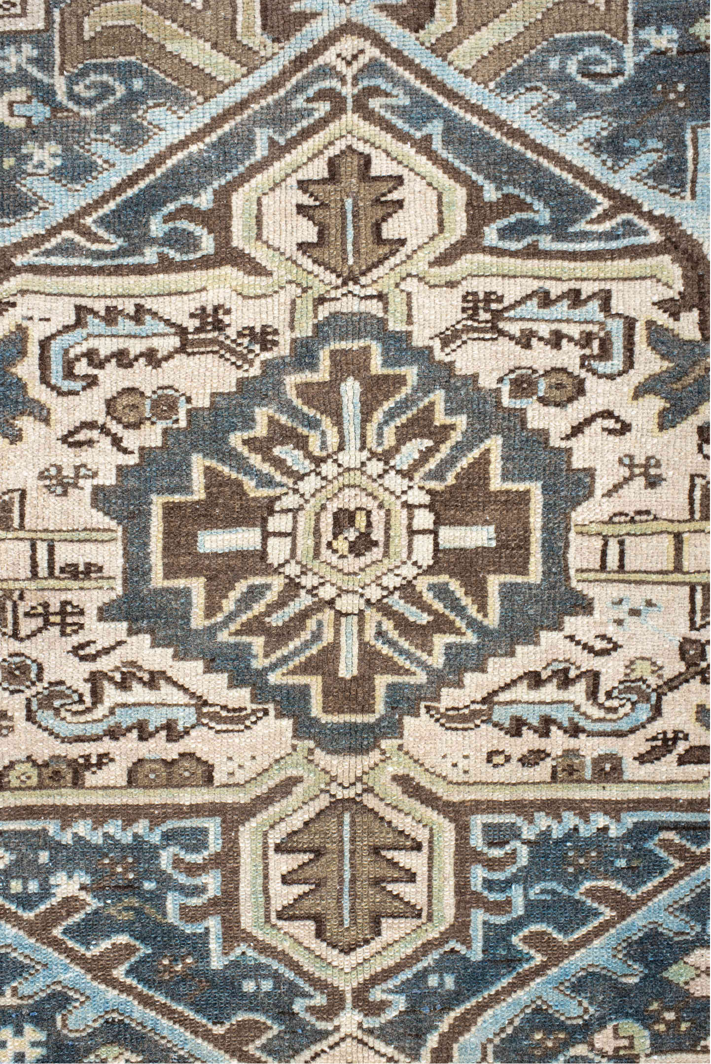 9' x 11' one-of-a-kind handmade vintage Karaje large size rug. Color palette: antiquewhite, brown, dark gray, dim gray