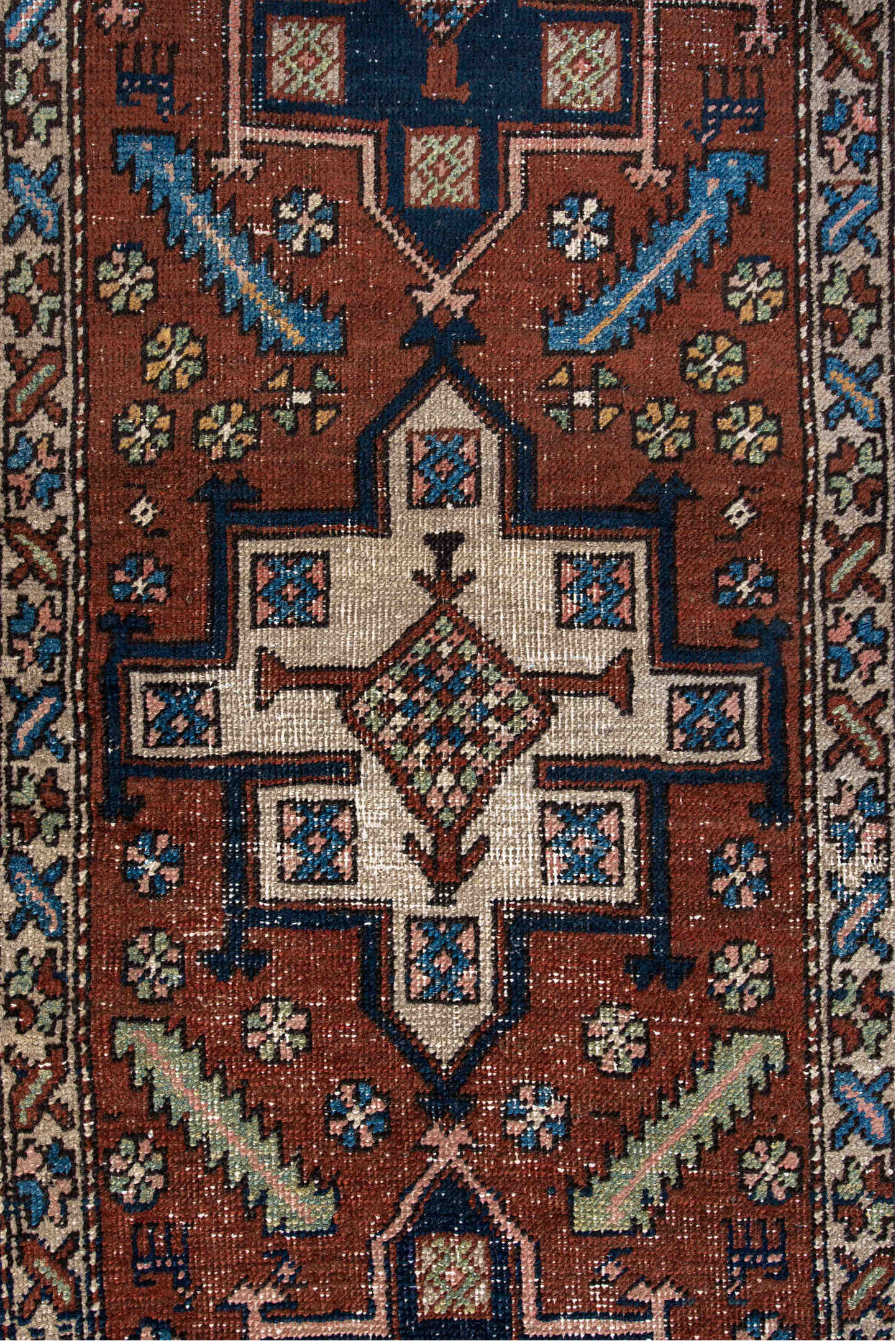 3' x 5' one-of-a-kind handmade vintage Heriz small size rug. Color palette: arapawa, blue, brown, fiord, gray, light gray