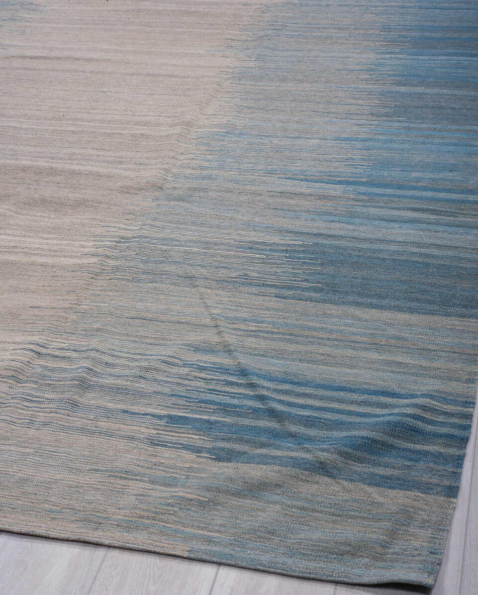 8' x 12' one-of-a-kind handmade vintage Kilim large size rug. Color palette: arapawa, black, blue, charcoal, dark gray