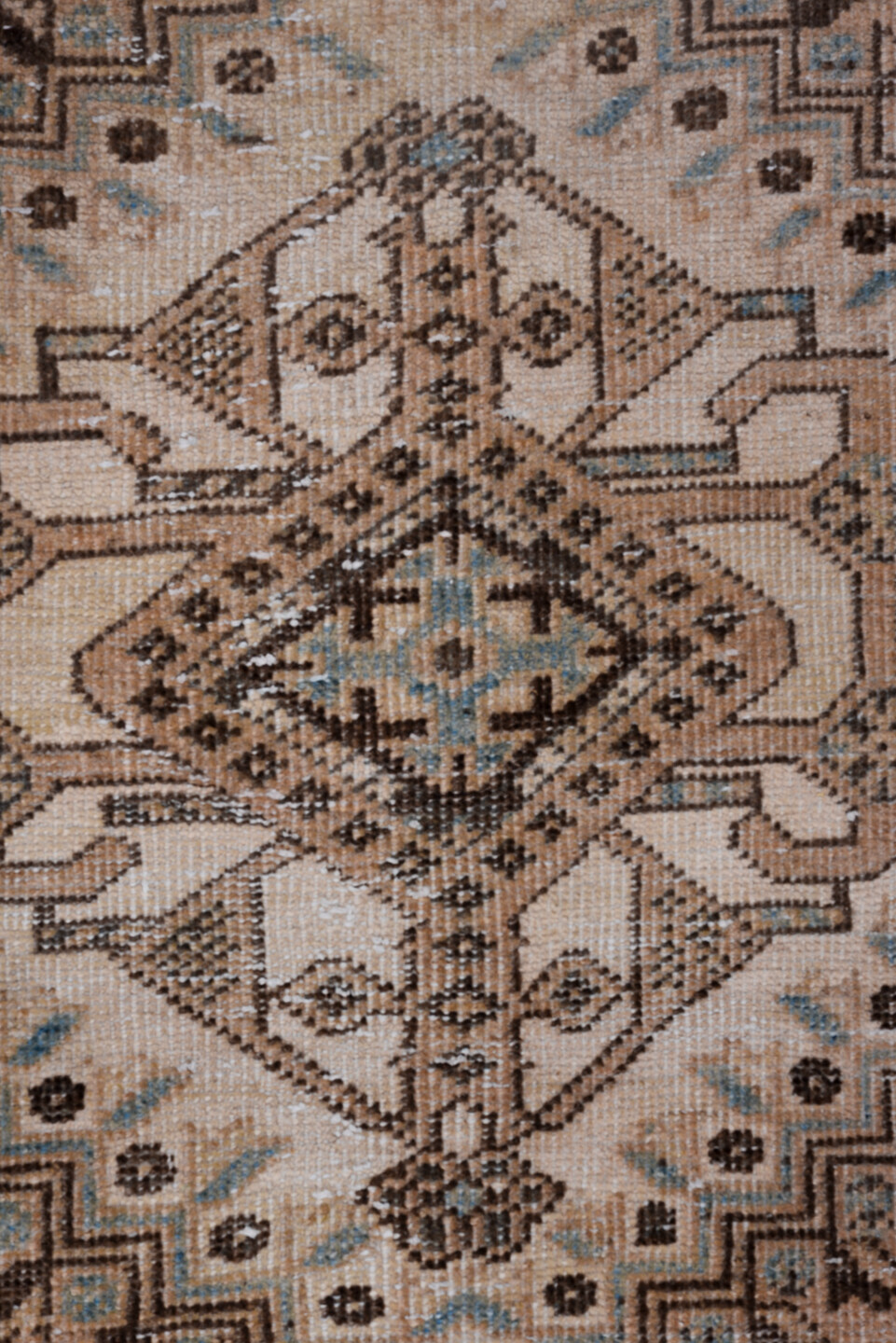 3' x 11' one-of-a-kind handmade vintage Heriz runner rug. Color palette: black, blue, brown, dim gray, gray, light gray