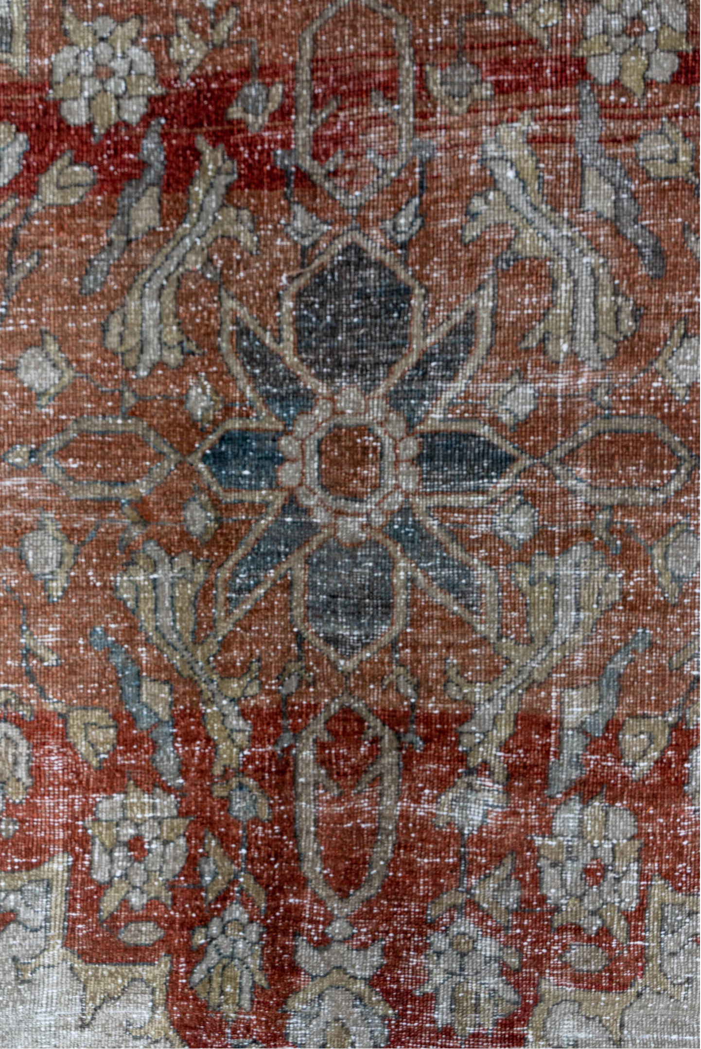 9' x 12' one-of-a-kind handmade vintage Mahal large size rug. Color palette: gray, pink, brown, red, light gray