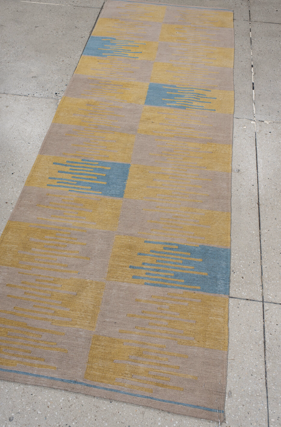 2' x 7' one-of-a-kind handmade vintage Kilim runner rug. Color palette: brown, burlywood, gray, light gray, light slate gray
