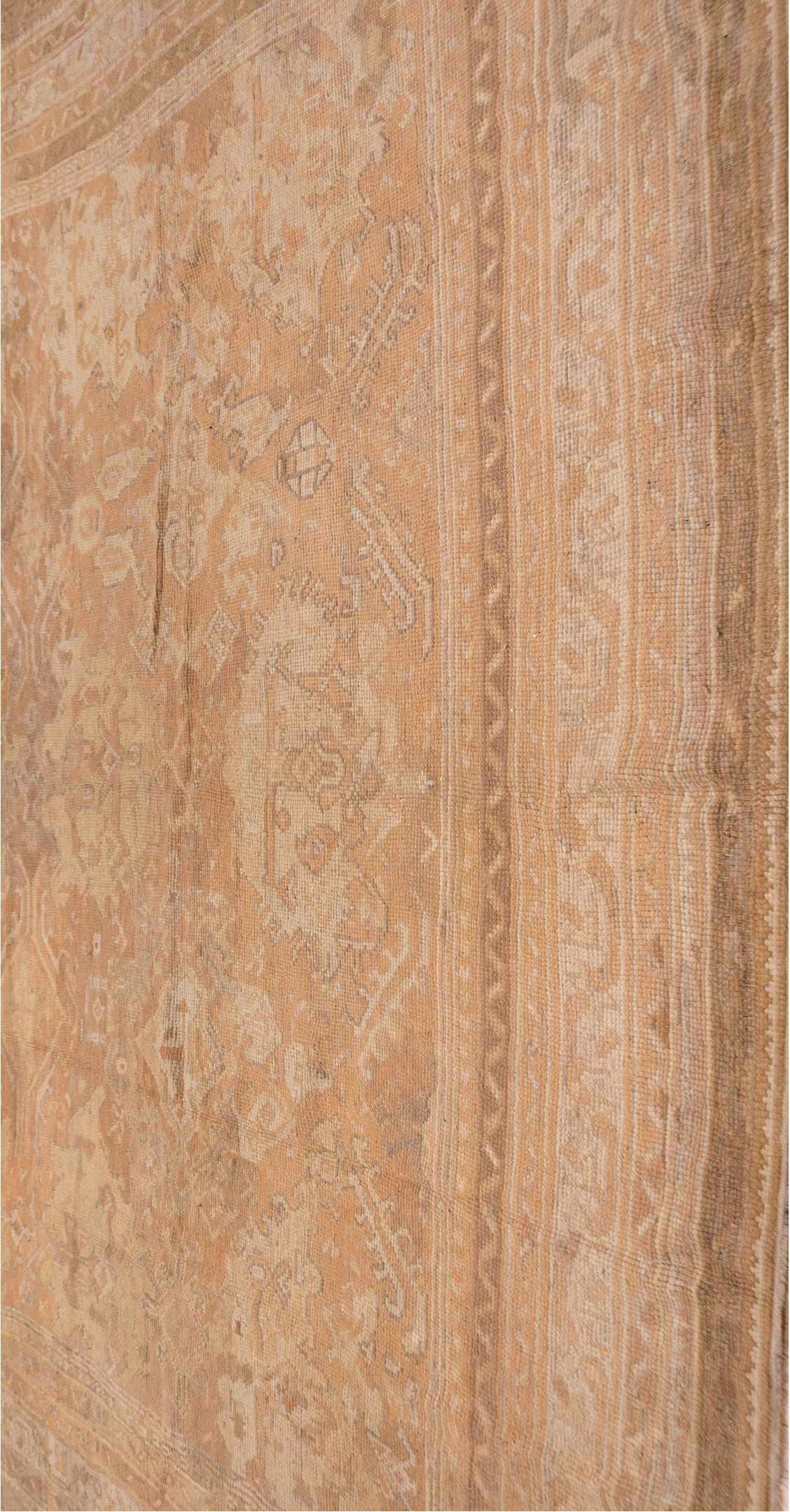 12' x 13' one-of-a-kind handmade vintage Oushak oversize rug. Color palette: brown, burlywood, off-white, orange, pink, tan